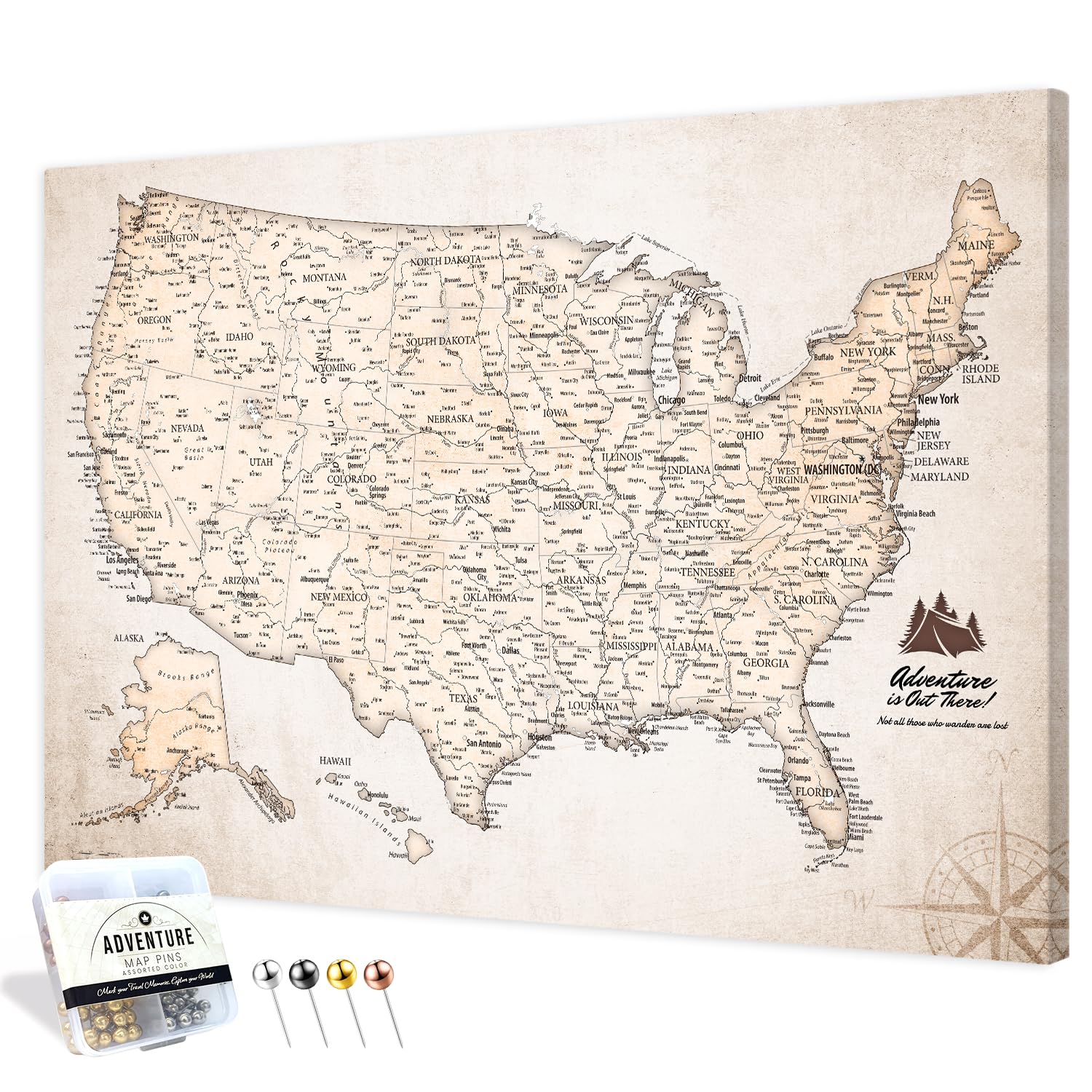 IPIC Vintage US Travel Map with Pins, Push Pin Travel Map USA, Size36x24 in