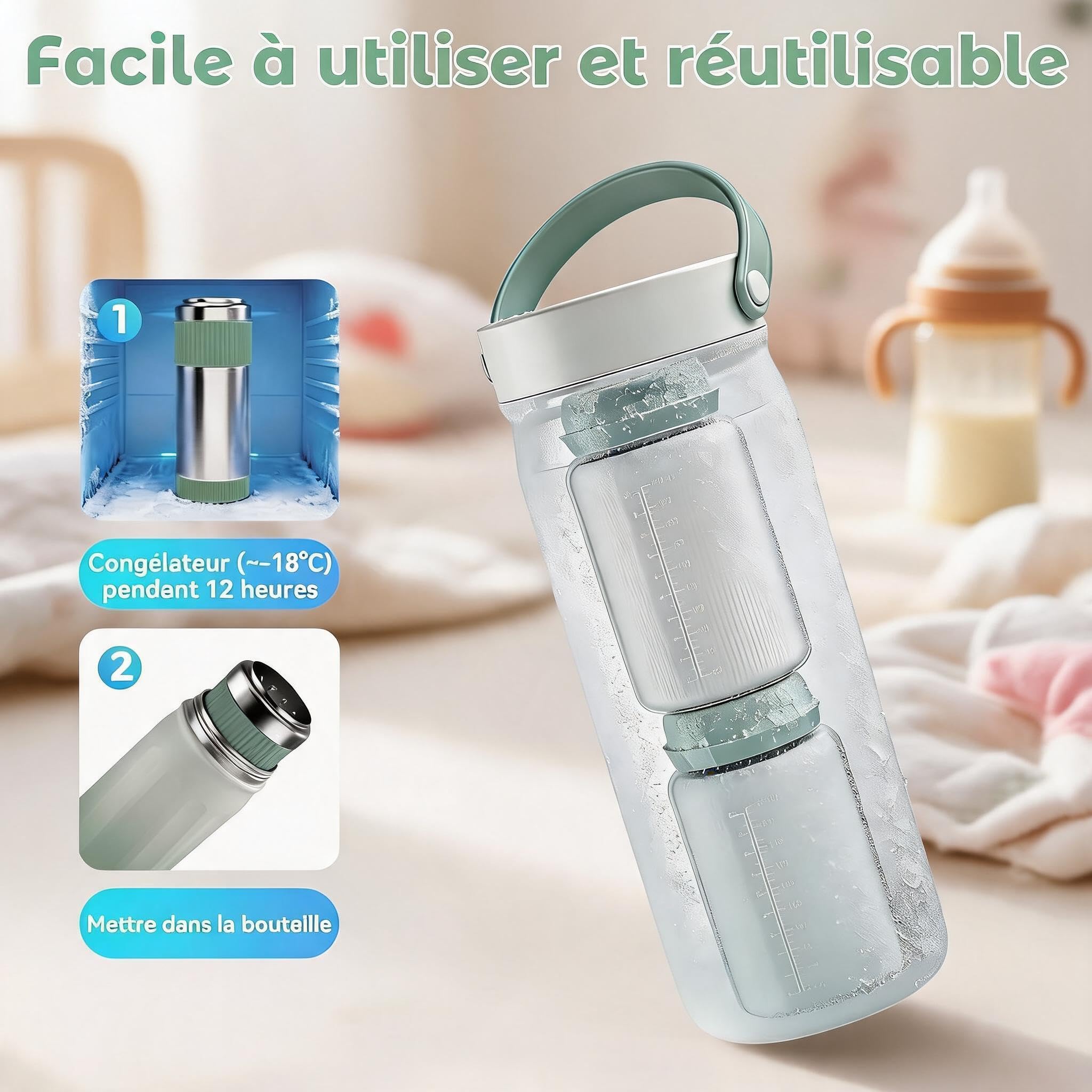Garvee Glacière Lait Maternel Portable 22oz/300ml, Refroidissement 24h à 360°, Chauffage Intégré, 2 Biberons Inclus, Acier Inoxydable 316 Sans BPA
