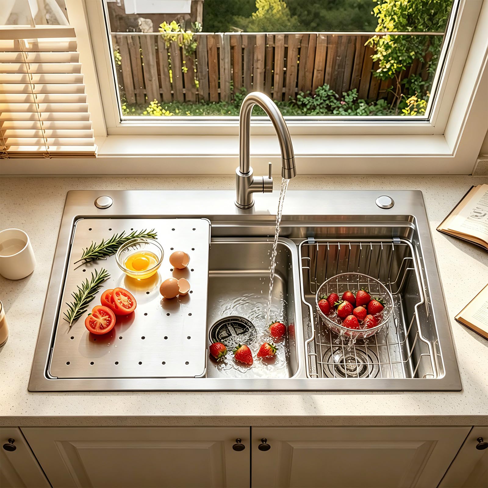 Fregadero de cocina multifunción de 65 x 50 cm, de acero inoxidable 304, hecho a mano, fregadero de cocina grande de una bañera, instalación a ras o sobre encimera con bañera extraíble