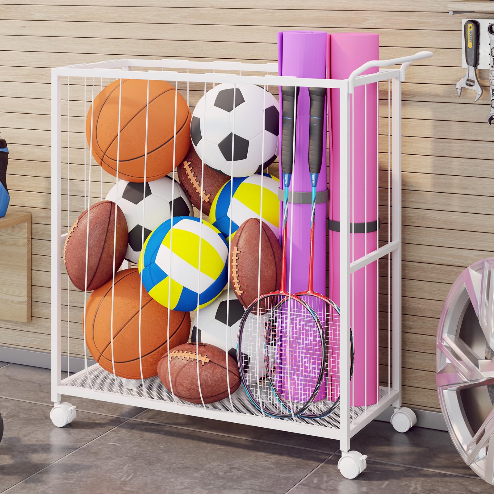 Homsorout Cesta de almacenamiento de bolas, carrito deportivo organizador de metal para garaje y gimnasio