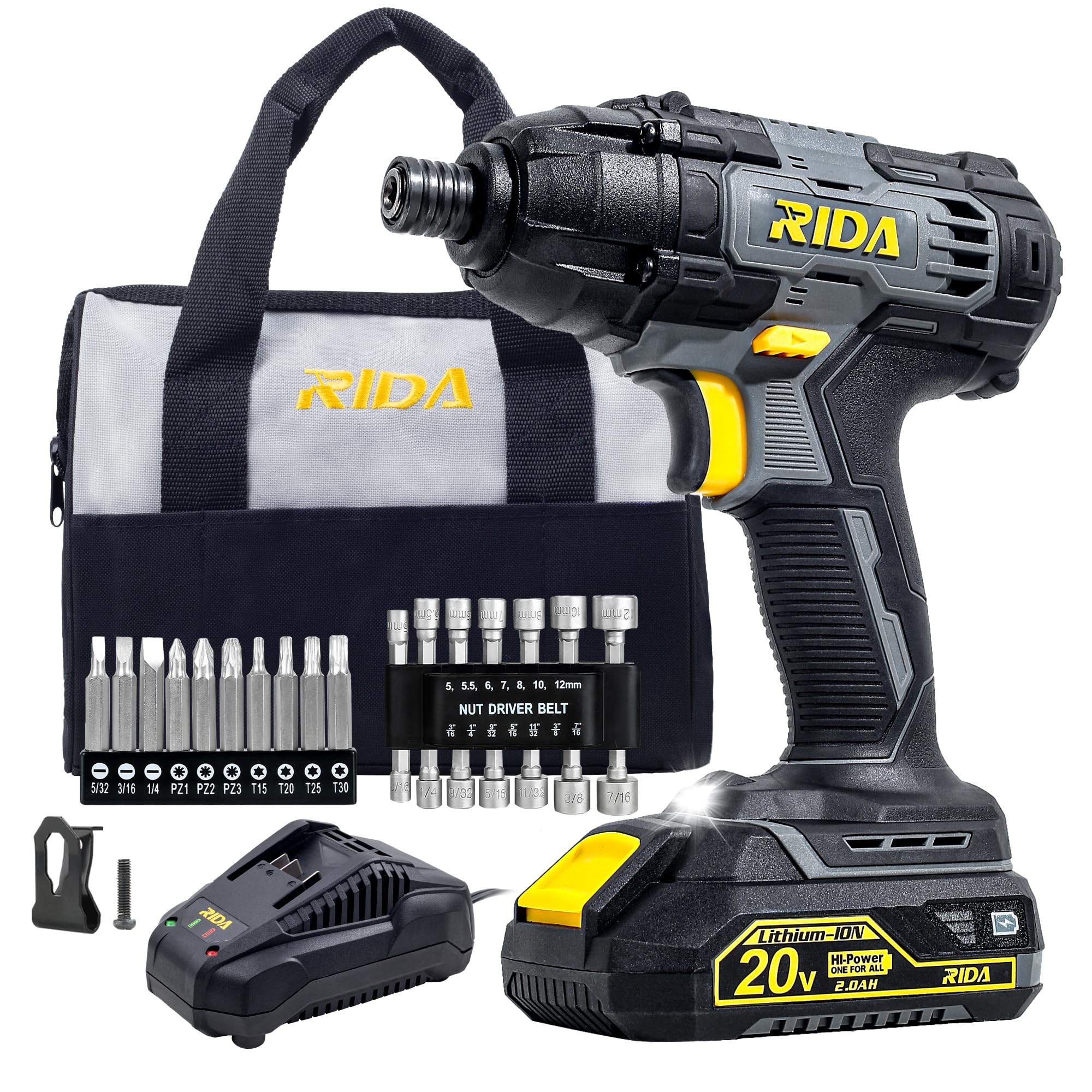 RIDAImpact Driver Kit 180Nm 20V Cordless Impact Drill/Driver Set 1/4" All-Metal Hex Chuck 0-2800RPM Variable Speed, 2000mAh Lithium-ion Battery & 1H Fast Charger, 25 Pcs Driver Bits and Tool Bag