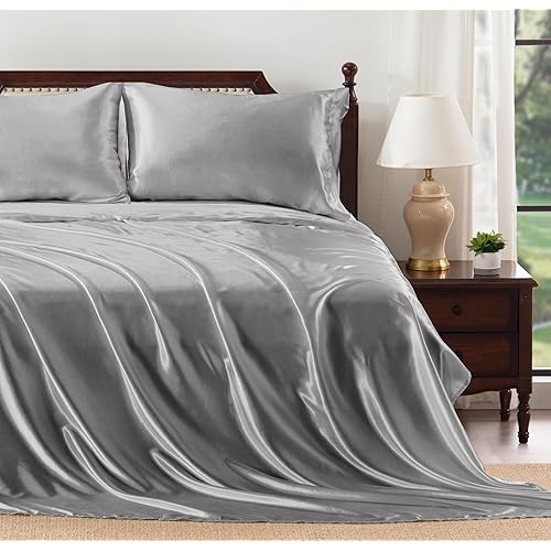 Heywaller 4 Pcs Satin Sheet Set Full Size Bed Sheets, Silver Grey Satin Sheets Silky & Luxury Bed Set, Soft Deep Pocket Sheets Cooling Bed Set, 1 Fitted Sheet, 1 Flat Sheet, 2 Pillowcases