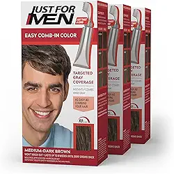 Just For Men Tintura de cabelo masculina fácil de pentear, fácil aplicação sem mistura com aplicador de pente - marrom médio-escuro, A-40, pacote com 3