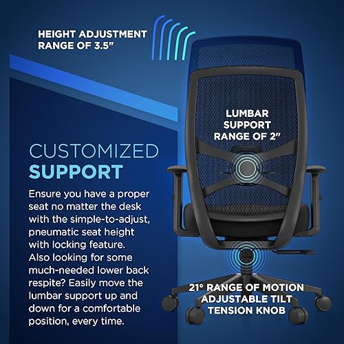 Miniatura 7 de Tempur-Pedic ProTask - Silla de oficina ejecutiva con respaldo de malla y soporte lumbar integrado, silla de escritorio ergonómica de malla