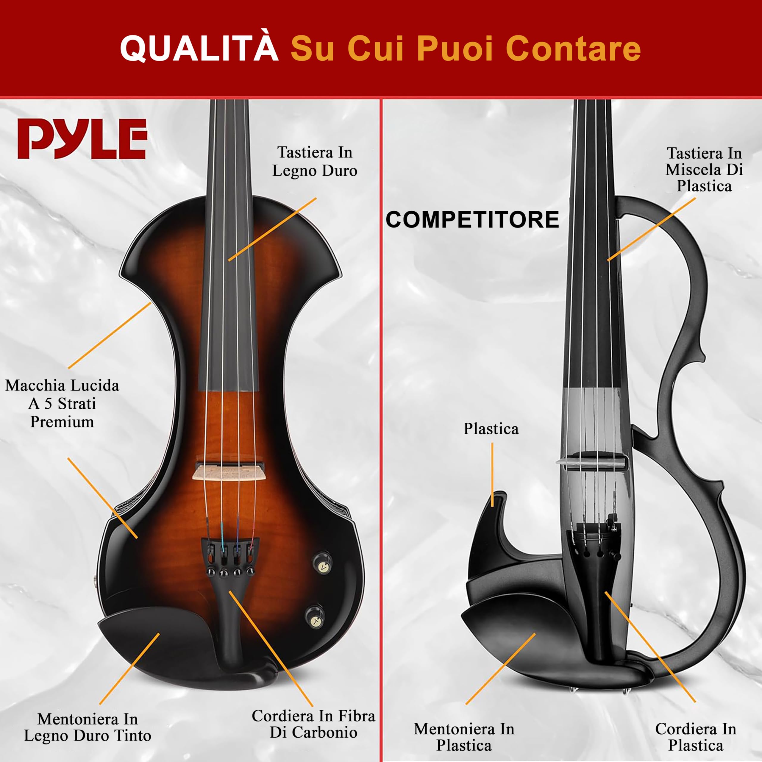 Pyle 4/4 Violino Elettrico Silenzioso con Kit Amplificatore, Violino in Legno Massello con Amplificatore da 10W e Accessori Completi, Strumento a Corde Orchestrale per Principianti e Uso Professionale