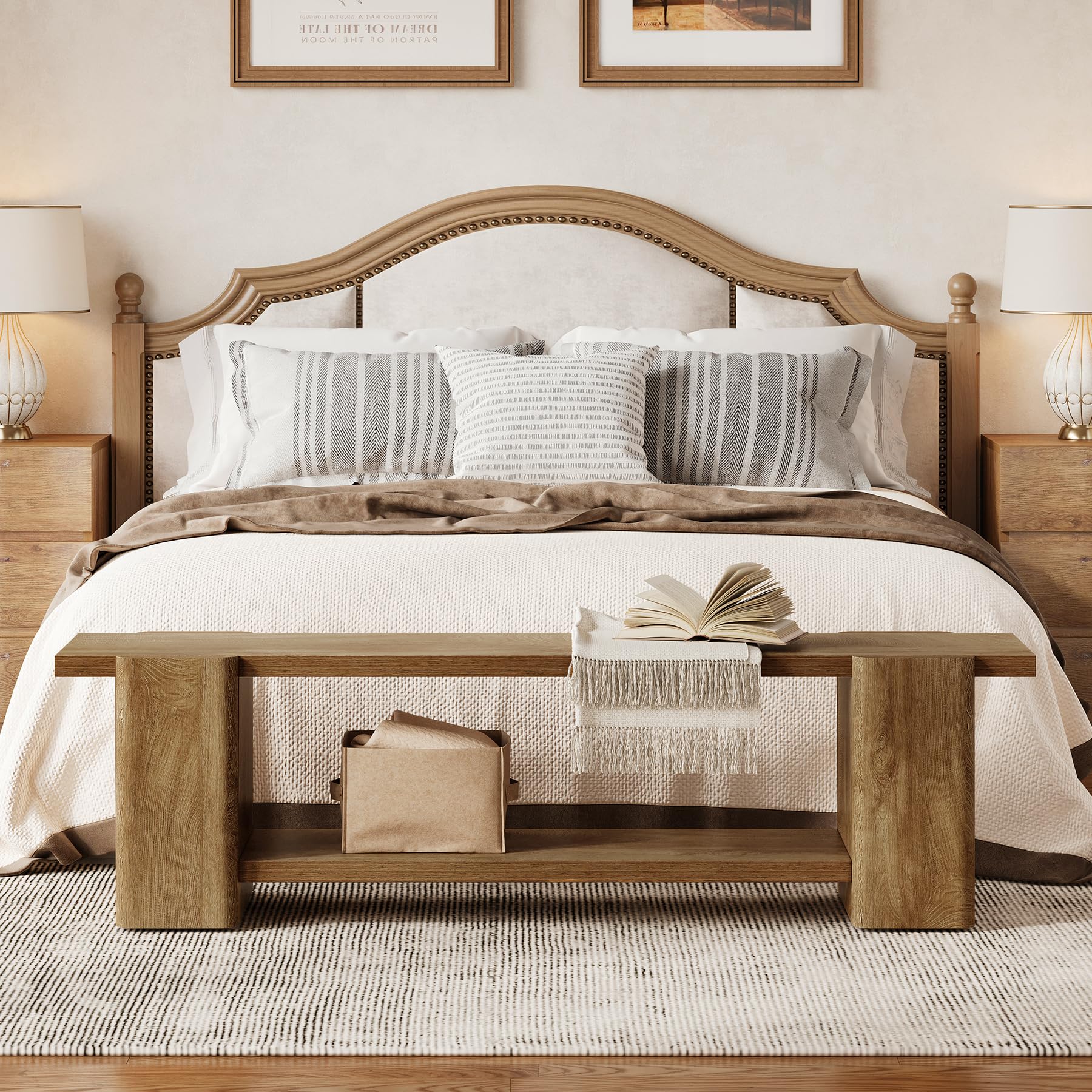 LITTLE TREE Wood Entryway Bench, 63" End of Bed Bench with Storage Shelf, Farmhouse Extra Long Shoe Bench for Entryway, Dining Room, Hallway, Living Room, Bedroom, Double-Reinforced Legs, Natural Oak