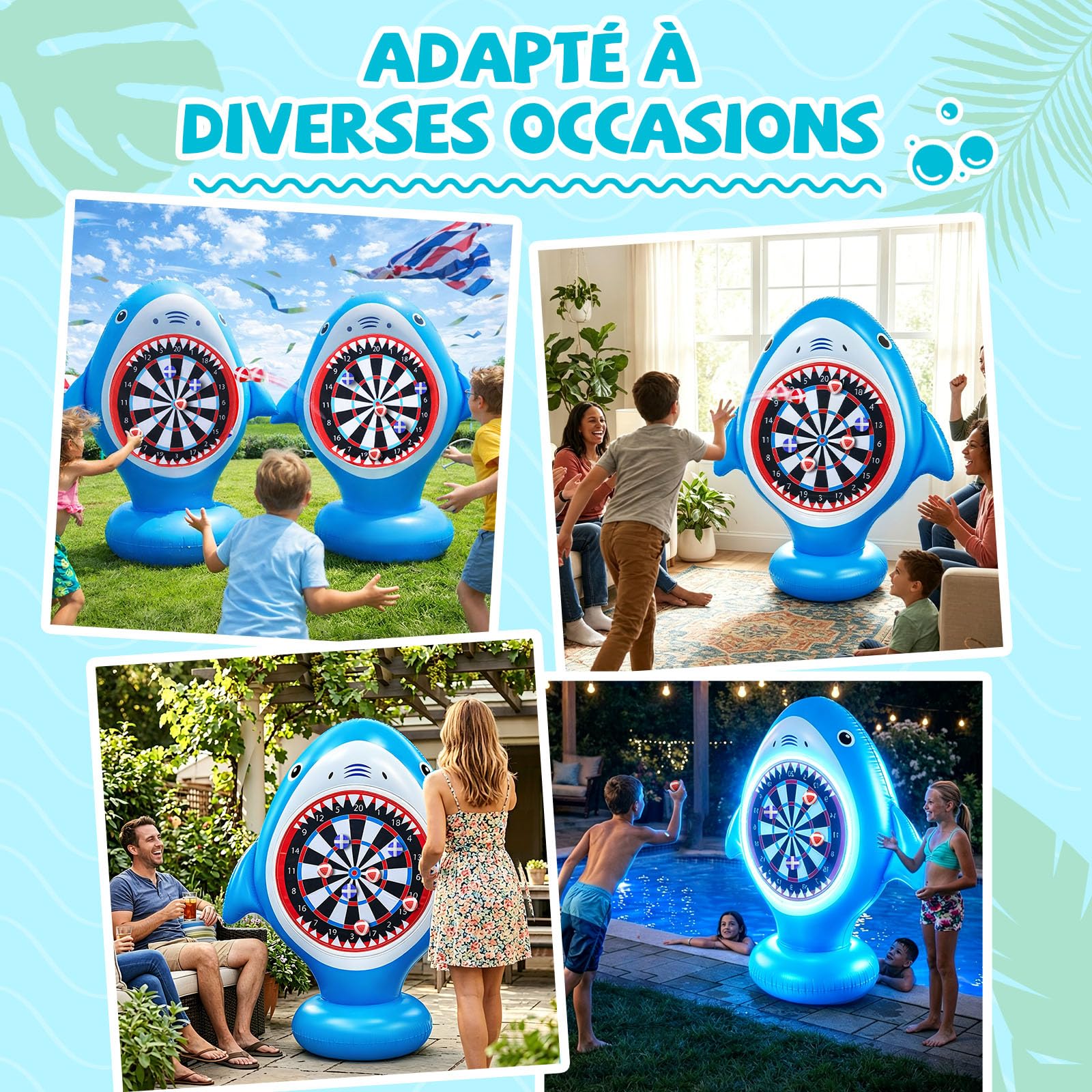 Jeu Fléchette Gonflable Piscine Cible Requin 10 Balles Velcro Jouet Piscine Enfant Adulte