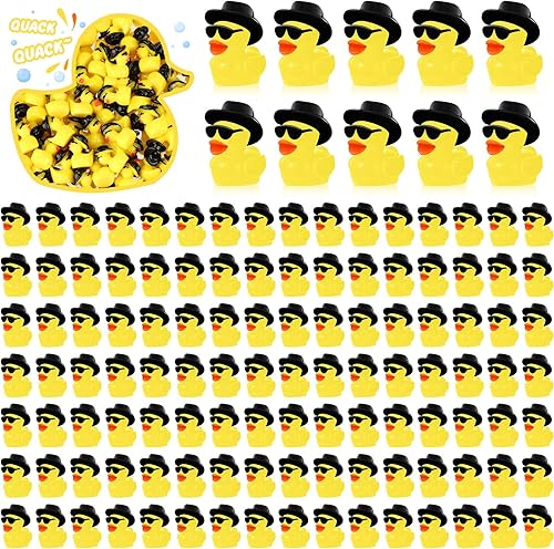 Barydat 150 piezas de mini patos de vaquero de resina con sombreros y gafas de sol de color amarillo, adorno de pato para bricolaje, figuras