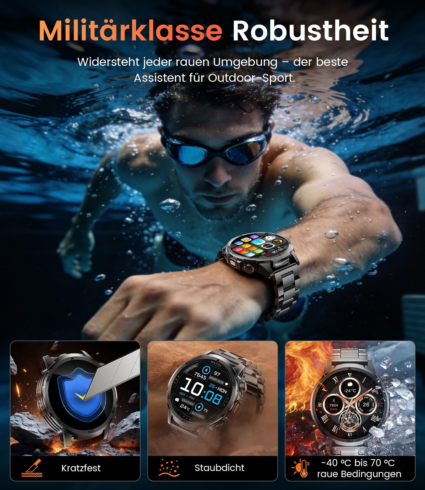 FITFLEX Smartwatch Herren Militär mit 1000 mAh, 1,85" HD Großes Touchscreen Smart Watch mit LED Licht/Telefonfunktion/120+Sportmodi Fitnessuhr/Herzfrequenz/Schlafmonitor/IP68 wasserdicht, iOS/Android