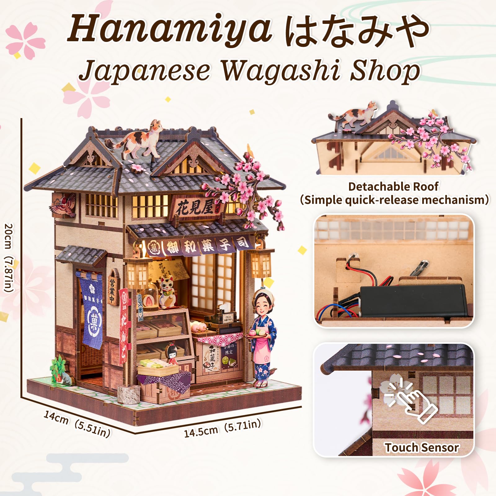 Hanamiya - Kit fai da te per casa delle bambole in miniatura, puzzle 3D in legno con luce LED, fiori di ciliegio e mobili, decorazione accogliente per la casa, hobby rilassante per adulti