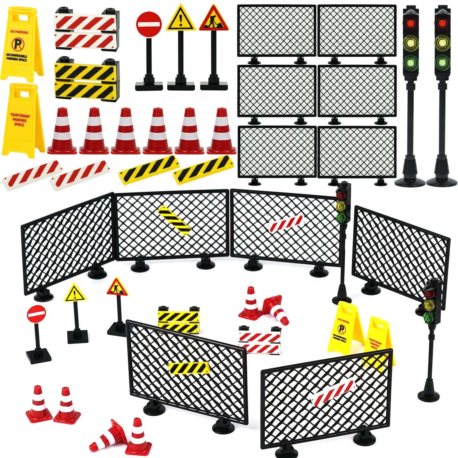 Road Signs Bricks Accessories, Construction Site Street Signs, Mini Traffic Cones & Crosswalk Signal Toys for Kids Building Blocks Toys