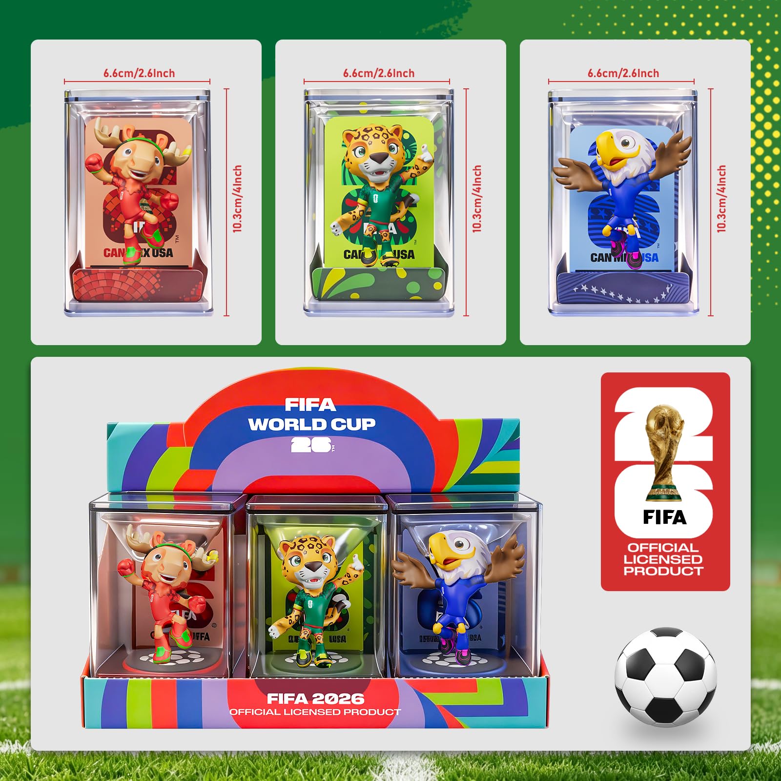 Sanyetral FIFA World Cup 2026 3PCS Figuras de Mascota,Copa Mundial de fútbol Juego de Conjunto Base B (6 cm) para Exhibición, Incluye Clutch, Zayu, Maple
