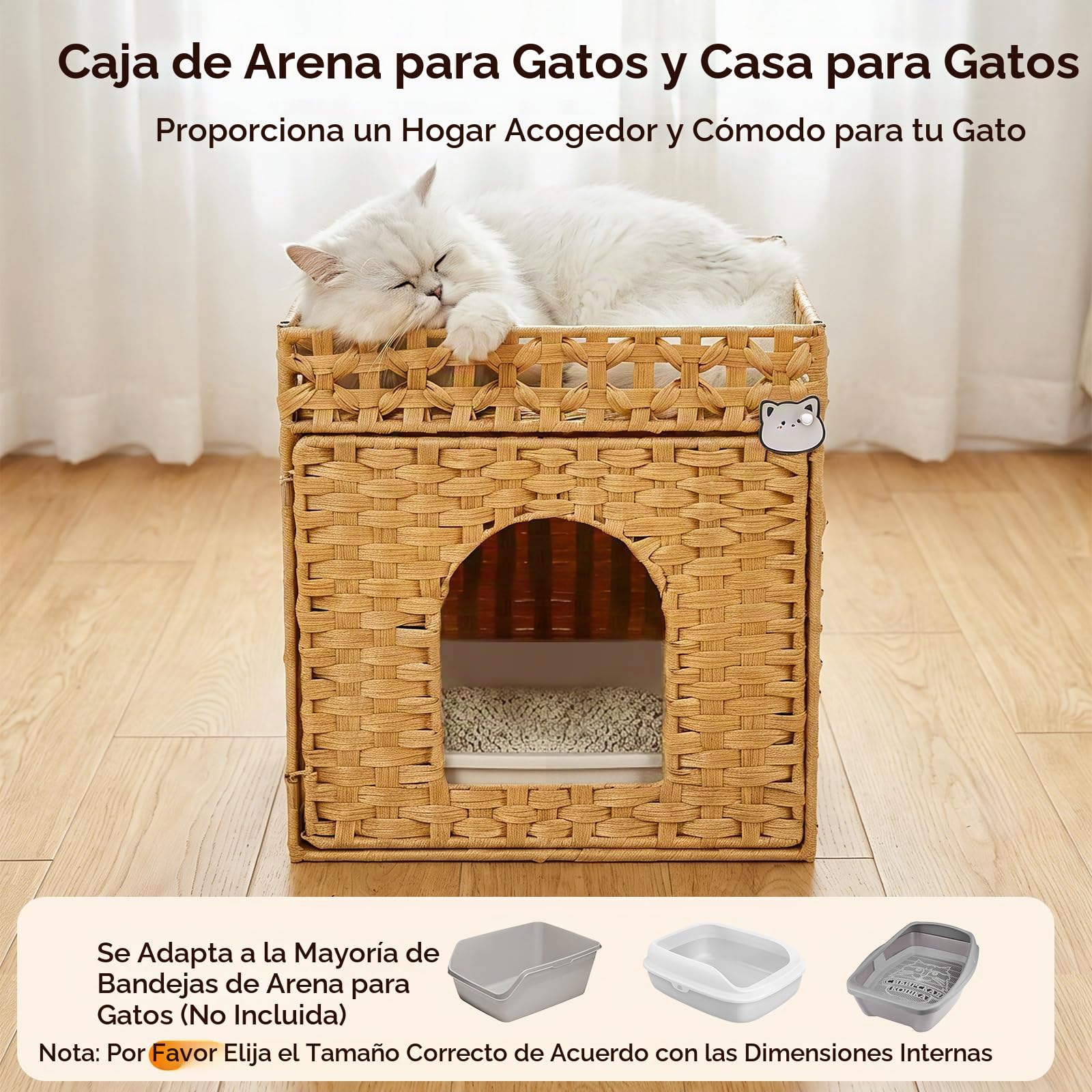 Caja De Arena para Gatos, Casa para Gatos Tejida A Mano En PE RattáN con Alfombra Y Ganchos S, Mueble De Caja De Arena Oculta para Sala, Dormitorio Y BalcóN, 47X52X59 Cm, Natural