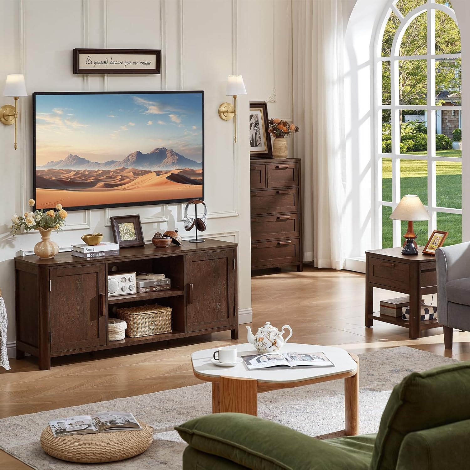 Farmhouse 55" Entertainment Center,Walnut Tv Stand with Adjustable Shelves & 2 Door Storage,Wooden Media Console Cabinet for TVs Up to 65 inches, Rustic Tv Stands for Living Room,Bedroom - Image 8