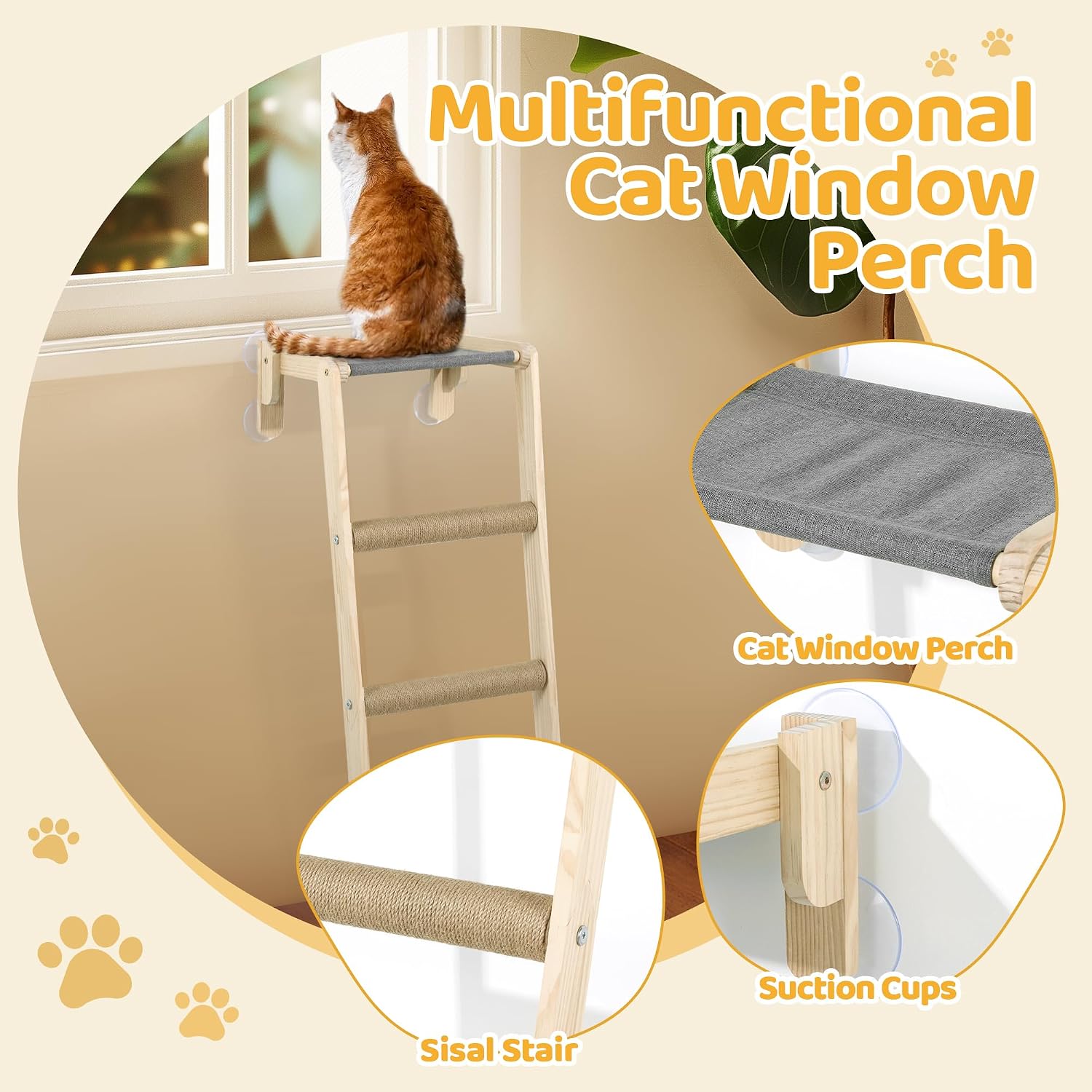 review HOMBYS Cat Window Perch with Climbing Steps & Sisal Scratching Post Stairs for Indoor Cats Look Out Window, Cordless Cat Hammock Easy to Assemble, with 4 Suction Cups