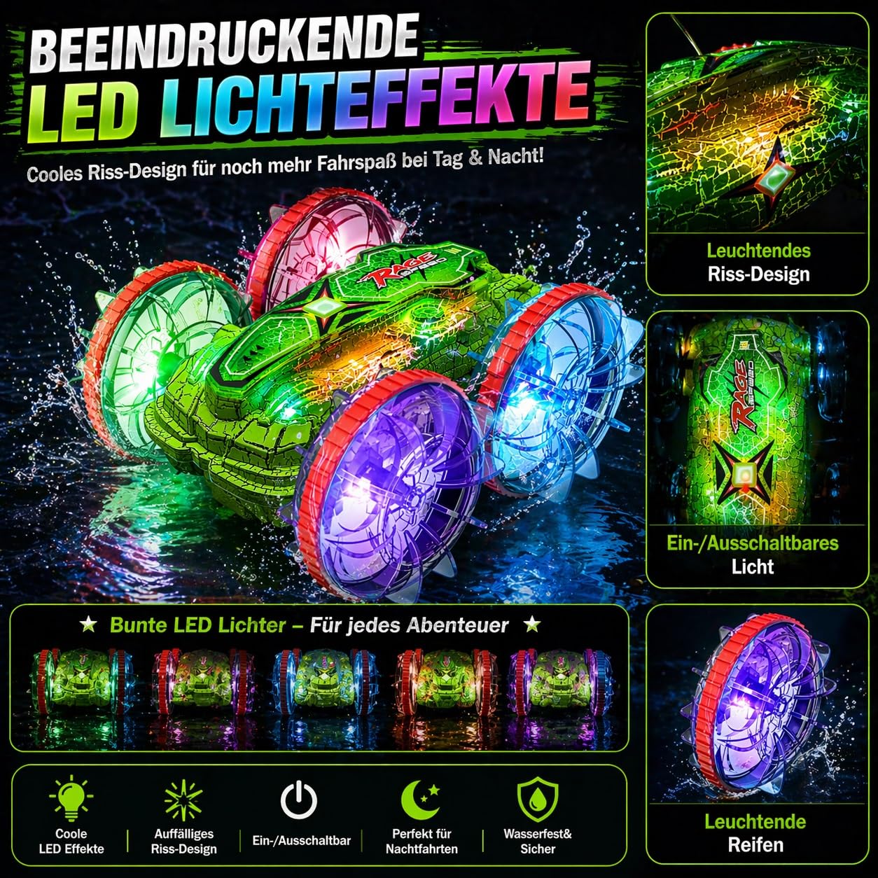 Ferngesteuertes Auto Amphibienfahrzeug Kinder, RC Auto Wasser & Land mit 2 Akku, 360° Drehung, Doppelseitiges Fahren, LED Licht, 2.4GHz RC Truck für Kinder ab 6 7 8 9 10 11 12 Jahre Jungen Mädchen