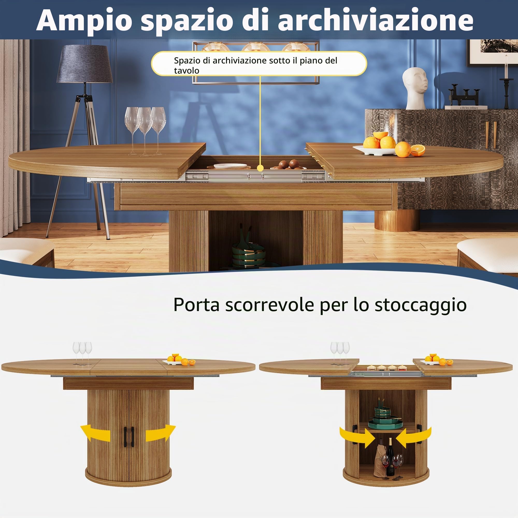 Tavolo da pranzo allungabile rotondo a ovale, tavolo da pranzo con vano portaoggetti, tavolo da cucina per 4-6 persone, tavolo rotondo salvaspazio con piano estraibile per soggiorno, cucina