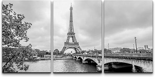 wall26 - 3 piezas de arte en lienzo para pared, Torre Eiffel de París desde el Sena. Paisaje urbano en blanco y negro, arte moderno para el hogar,