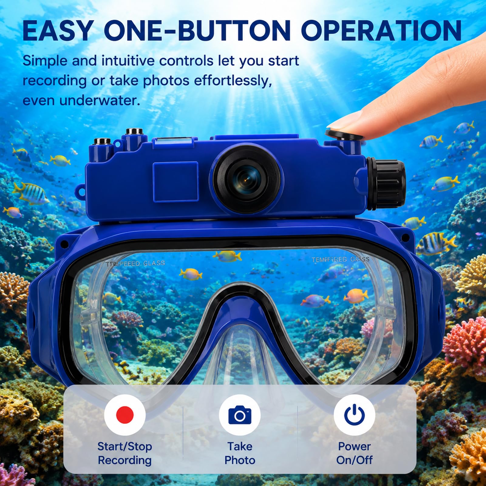 Denash Gafas de Buceo con Cámara, Máscara de Buceo para Snorkel y Uso con | Fotografía Subacuática 2K, Lente Gran Angular FOV de 100°, Soporte de Profundidad de 15M, Estabilización de Imagen con