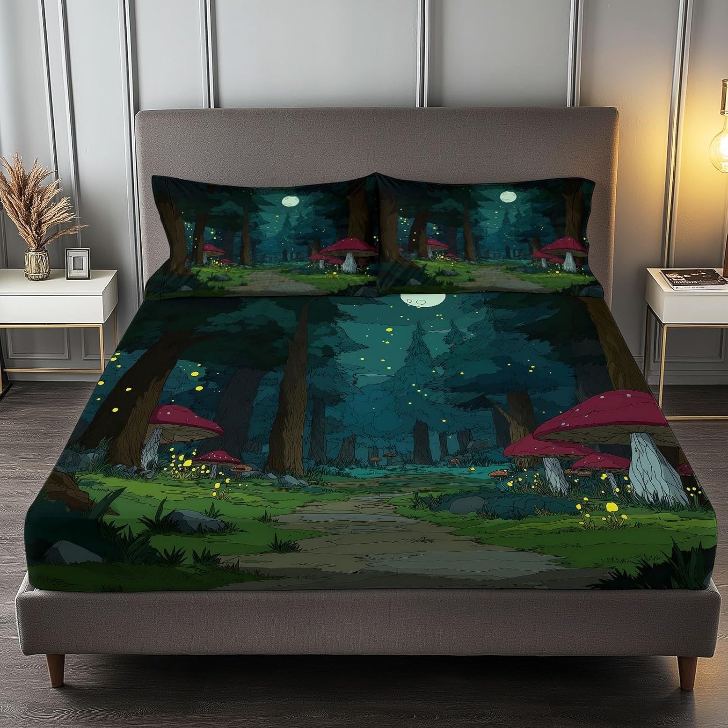 Mushroom Small Double Fitted Sheet Forest Bed Sheets Deep Pocket 12 inch (30 cm) Soft Cozy 3 Piece Microfibre Bed Sheet 120x190 cm with 2 Pillowcases 50x75 cm