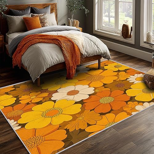 Miniatura 2 de Retro Floral Rug 4x5 - Hippie Groovy Flower Area Rug for Bedroom, Living Room, Home Decor - 70s Orange Groovy Indoor Floor Carpet - Washable & Non