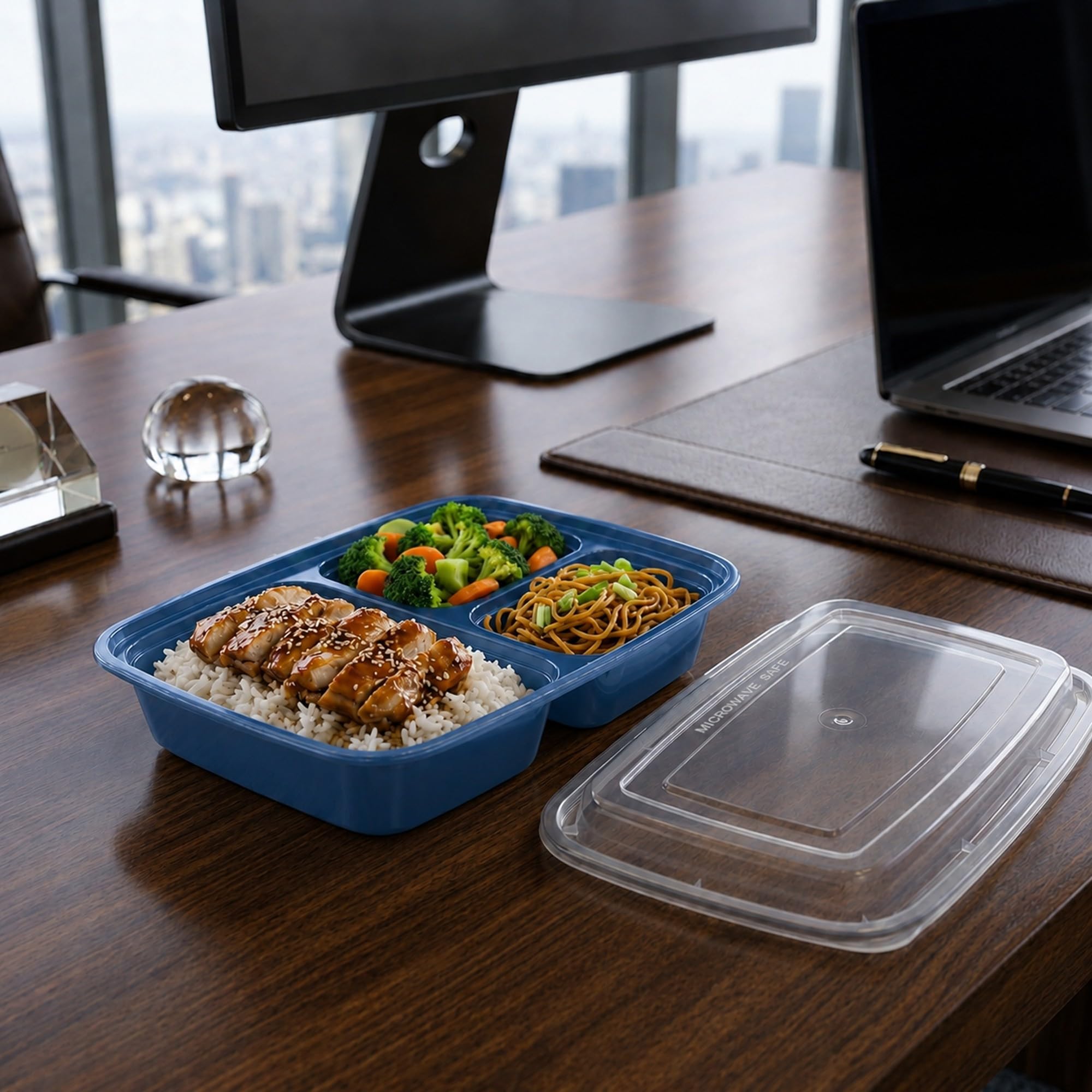 Restaurantware Asporto - Cajas para llevar con compartimentos de 26 onzas, 100 recipientes de preparación de comidas para microondas, 3 compartimentos, con tapas de plástico transparente, recipientes