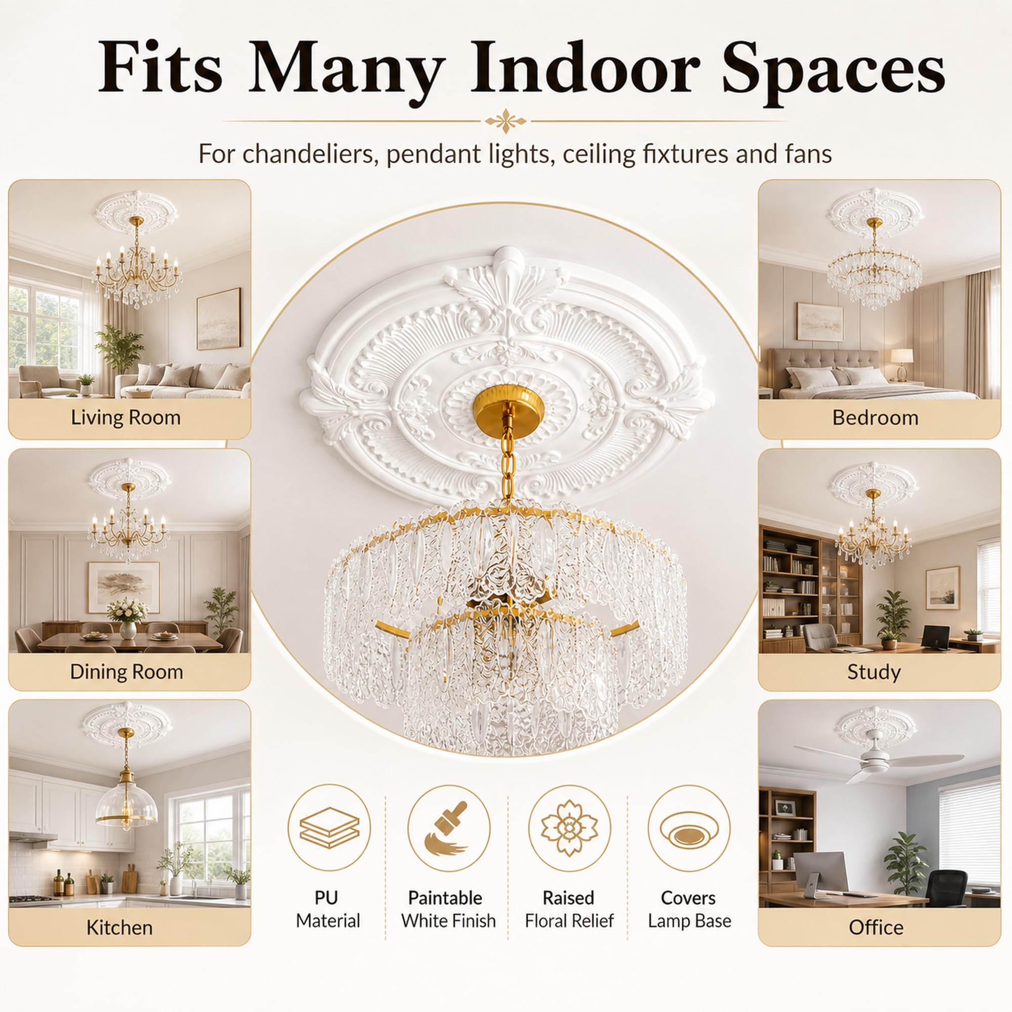 Rosone Decorativo per Lampadario,Piastra Rotonda per Ventilatore Soffitto | Leggero,Resistente alle Deformazioni,Medaglione per plafoniera,Piastra Copertura Decorativa,Stile Europeo,per Interni