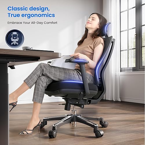 Miniatura 5 de Silla de oficina ergonómica con reposapiés, reposacabezas ajustable y reposabrazos 3D, cojín de espuma viscoelástica para largas horas, cómodo