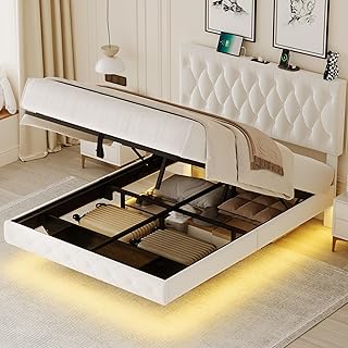 Lift Up Storage Bed Frame Queen Size Floating Bed Frame with Adjustable Headboard/LED Lights/Charging Station/Outlet,Velvet Upholstered Tufted Platform Bed Frame/Wooden Slat/No Box Spring Needed,White