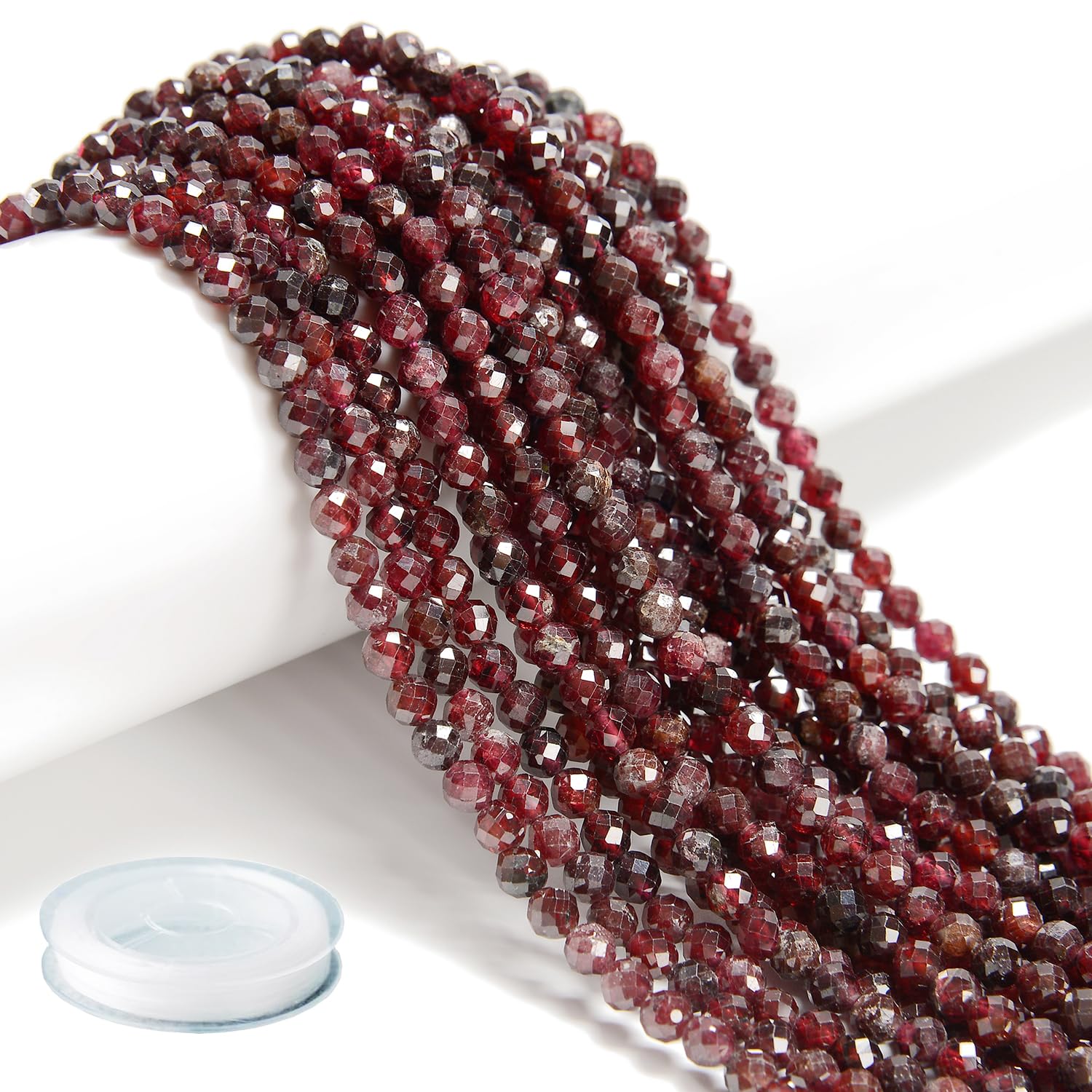 AD Beads Natural Gemstone Diamond-Cut Micro-Faceted Round Tiny 4mm Small Round for DIY Necklace Jewelry Making Beads (Red Garnet)