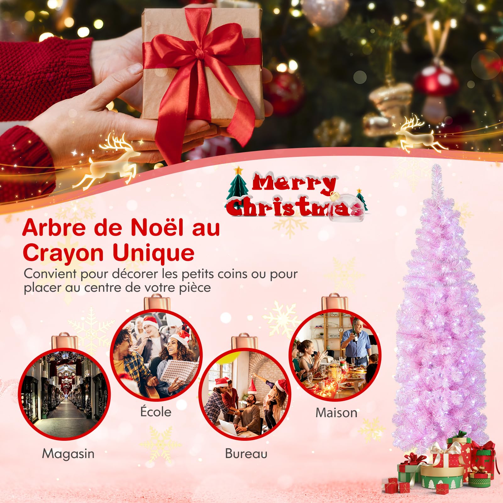 COSTWAY Sapin de Noël Artificiel Pré-éclairé de 180 CM, Arbre de Noël en Forme de Crayon avec 475 Pointes de Branches et 250 Lumières LED Blanc Froid, Support en Métal Pliable, Rose