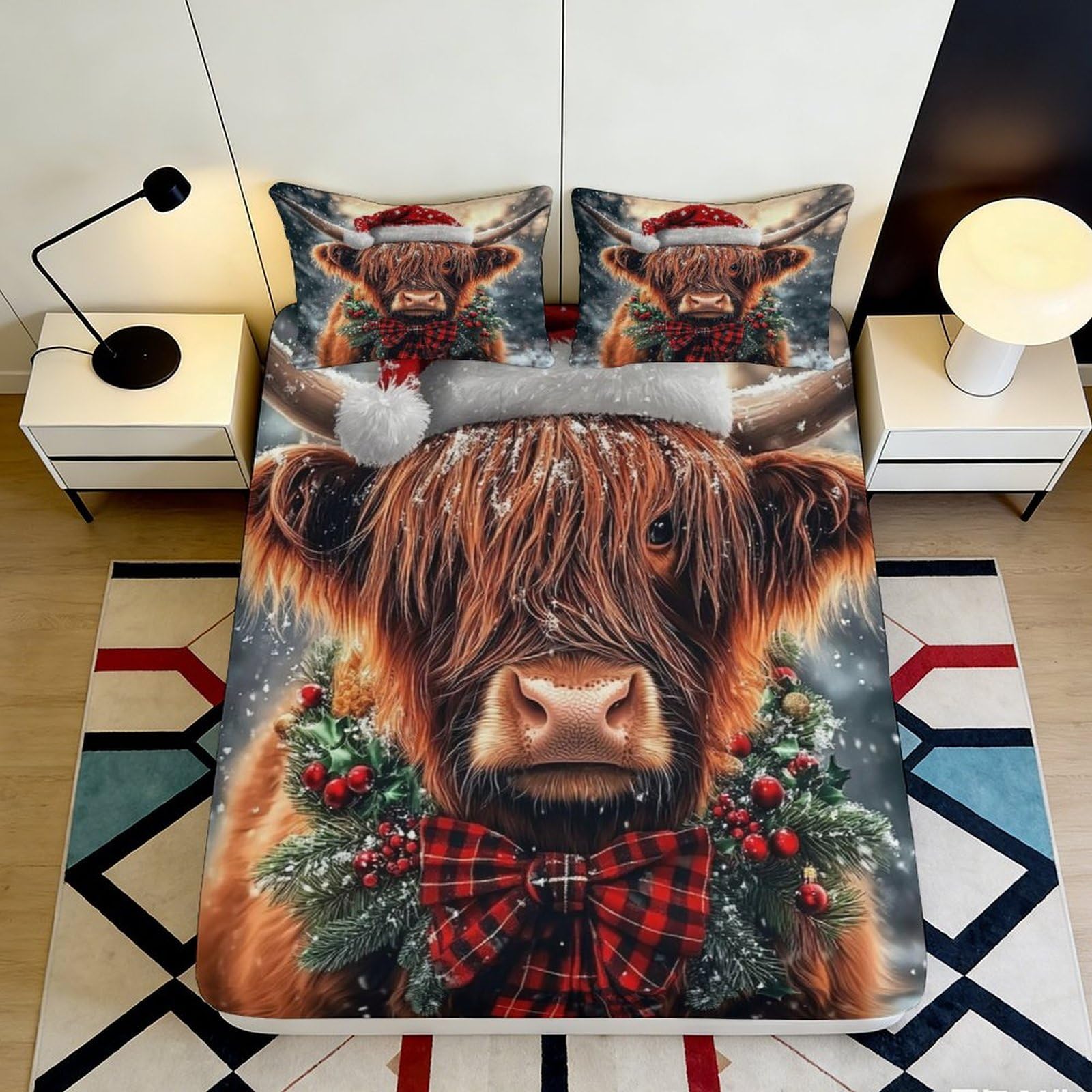 Pnayamiorkfel Style-4 3D Printed Christmas Highland Cow Fitted Sheet Microfiber Soft Decor Festive Bed Cover For Bedroom Guest Room 90X200x25cm