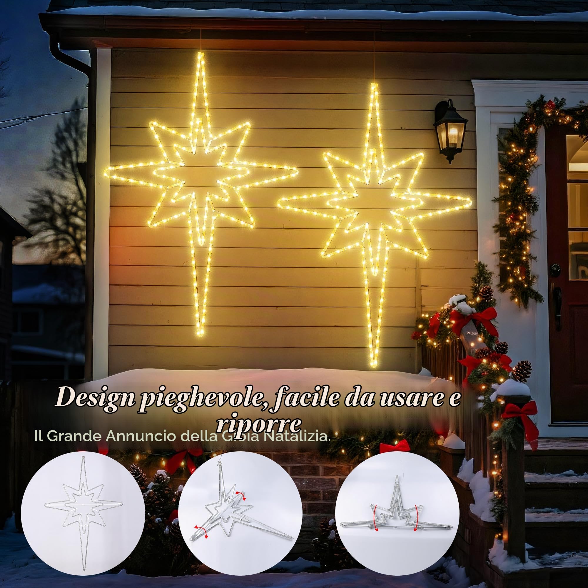 Joomer Luci di Natale Stella con Adattatore 1,16M 141 LED Bianco Caldo | Luminosa a Bethlehem Stella Natale Pieghevole con Timer Decorazioni Natalizie Impermeabili per Finestre Interno Esterno Tetto
