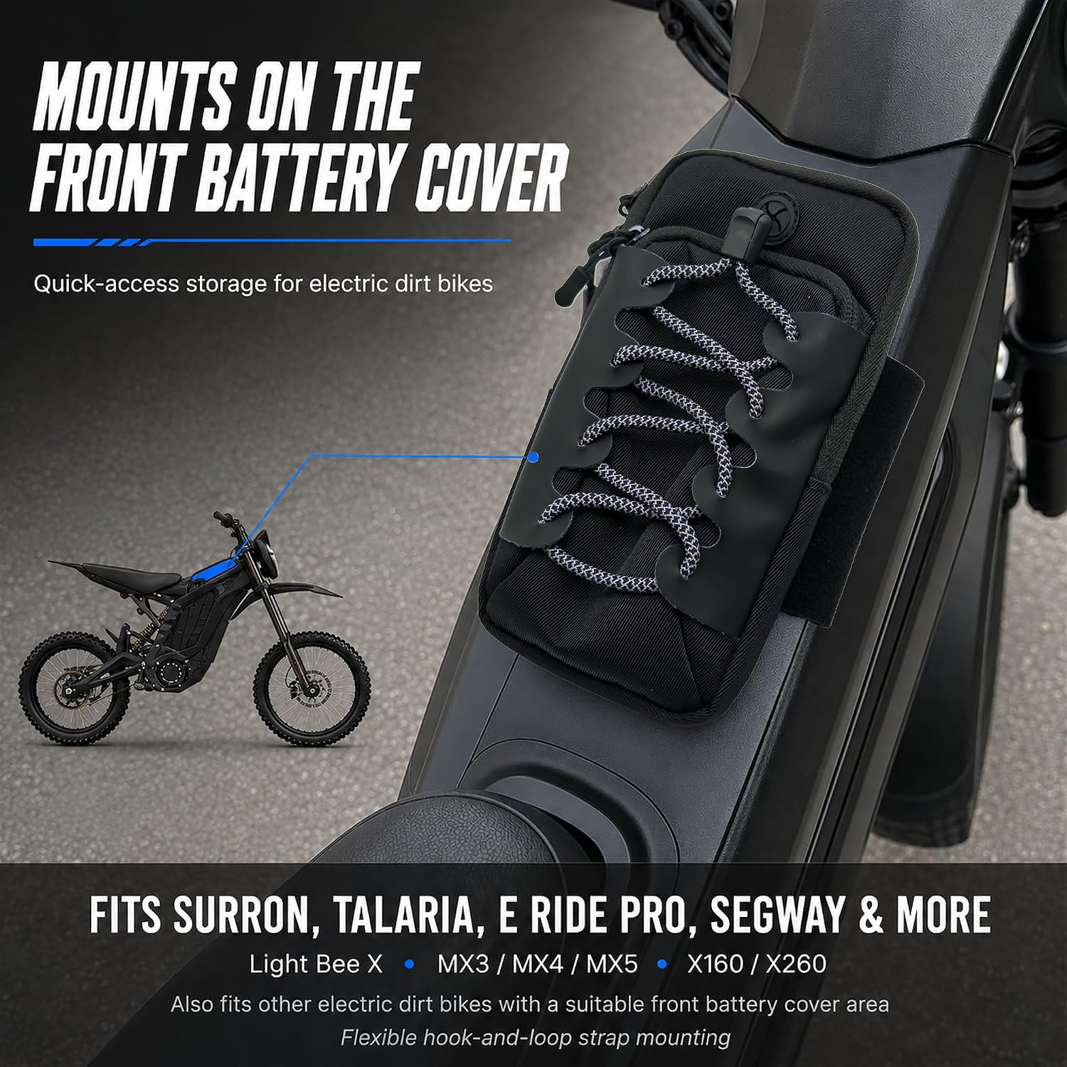 Electric Dirt Bike Frame Bag, Waterproof Ebike Phone Bag for Surron Light Bee X, Talaria MX3 MX4 MX5, E Ride Pro, Segway X160 X260, Front Battery Cover Storage Pouch for Phone Keys Tools, Black