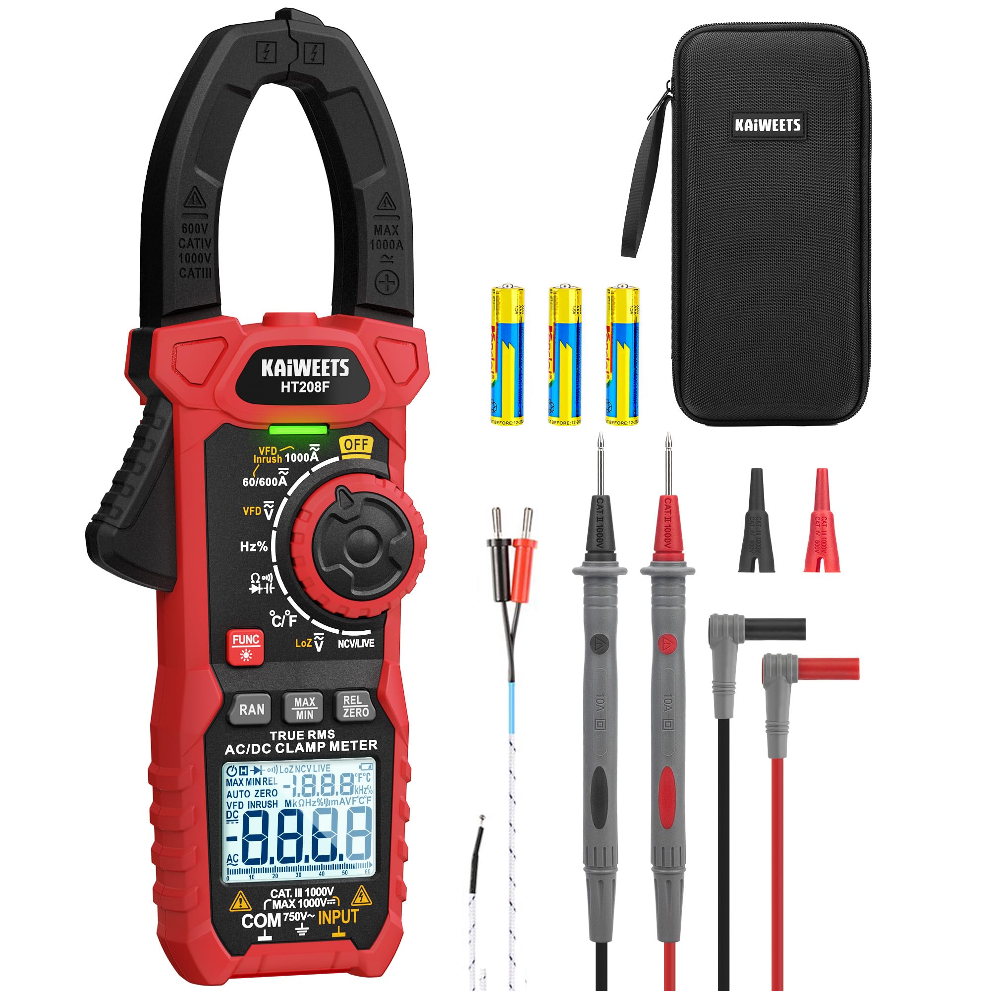 Pinza Amperometrica KAIWEETS AC/DC 1000A, Amperometro Digitale Con Conteggio 6000, Modalità VFD e LOZ, Schermo Bianco e Nero Aggiornato, AC/DC, Resistenza, Capacità, Misurazione Di Sovracorrente