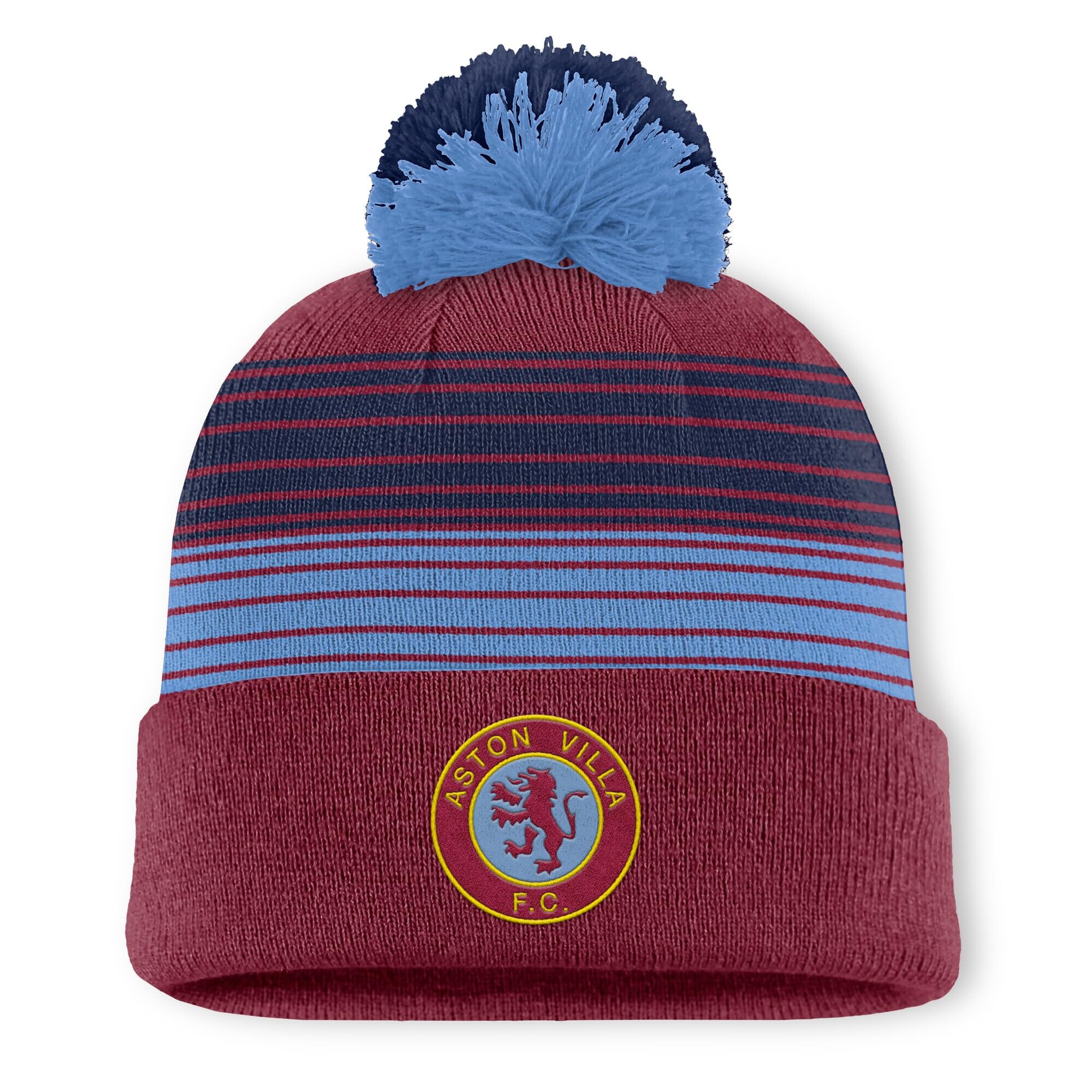 Aston Villa Bar Knit Ski Bobble Hat Knitted Pom Beanie, Claret, Navy and Blue, One Size