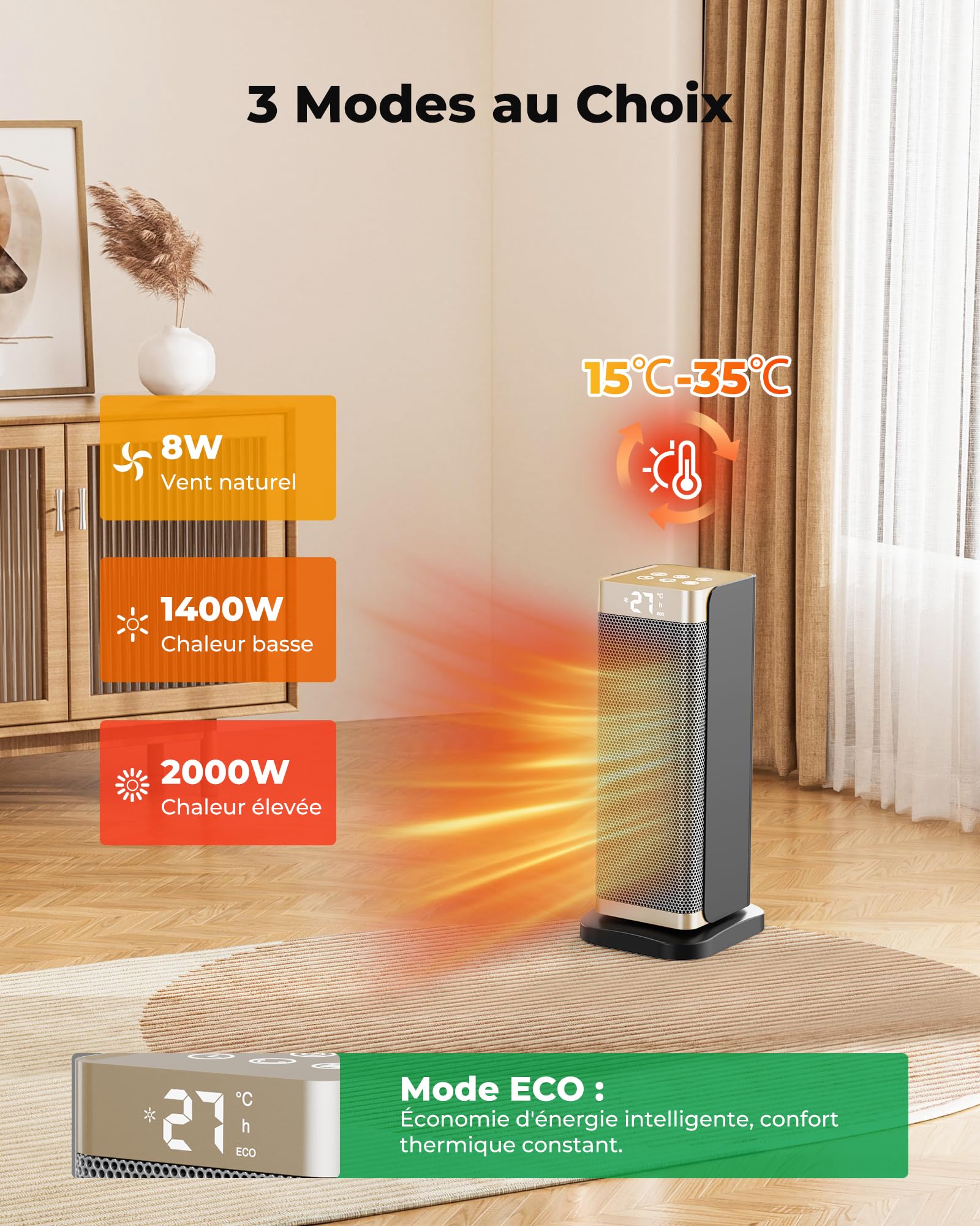Chauffage d'Appoint - 2000W PTC Chauffage Soufflant,Mode ECO,Minuterie 12H,Oscillation 70°,3 Modes,Télécommande,Protection contre Basculement/Surchauffe,Radiateur Soufflant Faible Bruit,Portable