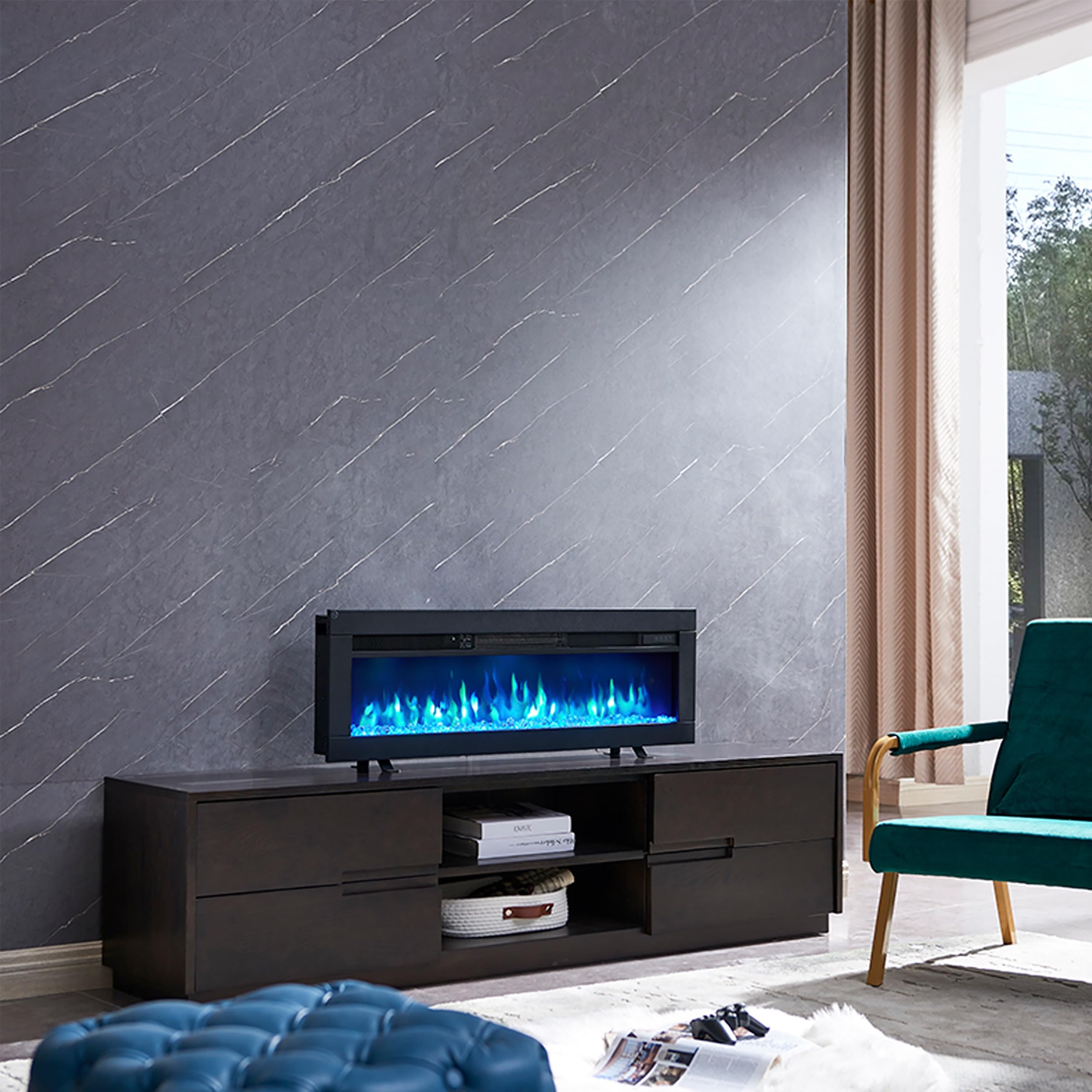 BALDERIA camino elettrico Agnes 40" | Camino da incasso con una potenza termica di 2000 W | Effetto fiamma 3D | Camino a inserto con telecomando, timer, termostato | Nero