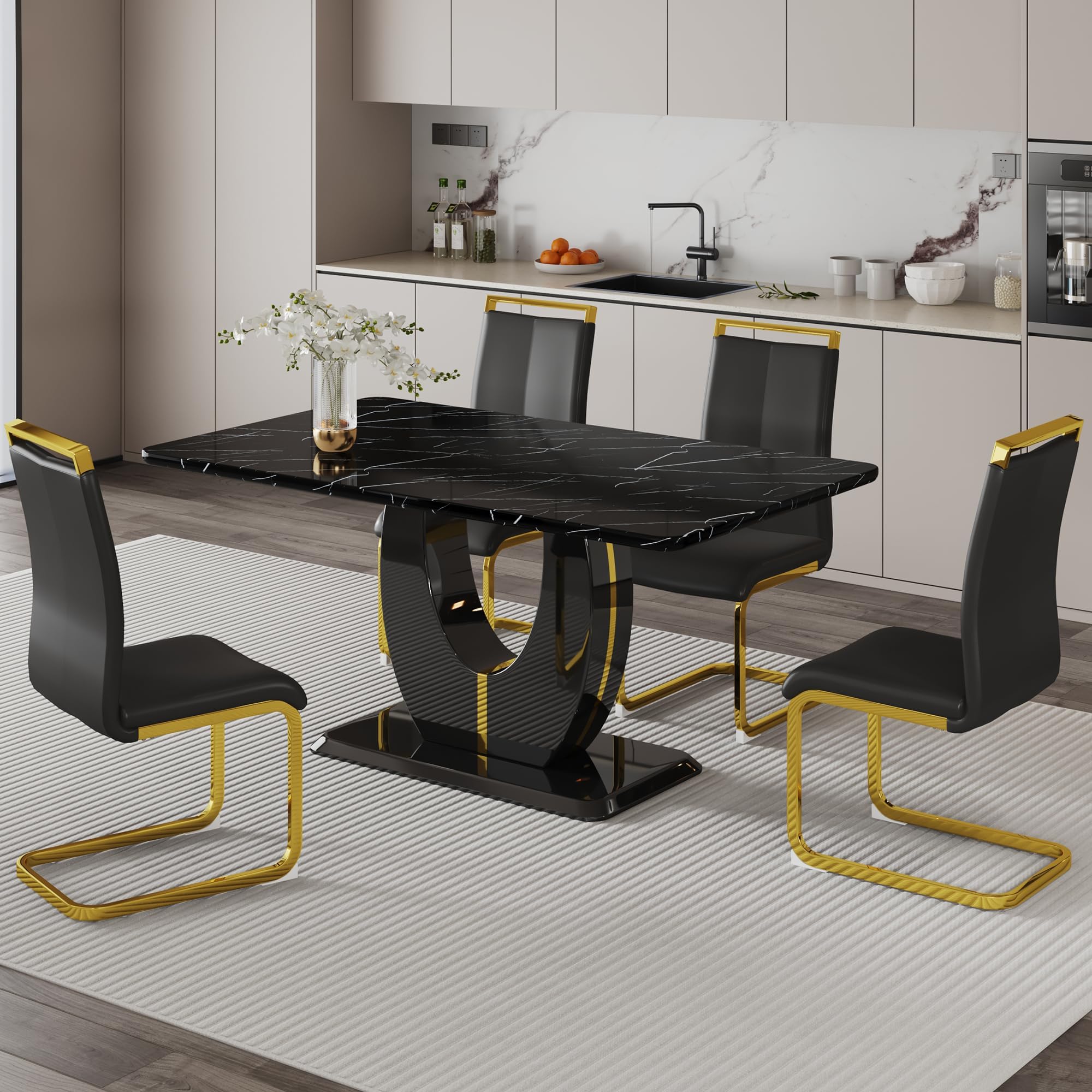 Dining Table Set for 4, Kitchen Table Chairs Set of 4, Modern Dining Room Set with 63 inch Marble Dinner Table PU Leather Upholstered Chairs for Dining Room Kitchen