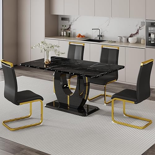 Miniatura 53 de Juego de mesa de comedor para 6, juego de sillas de cocina de 6, juego de comedor moderno con mesa de 63' de mármol y sillas tapizadas de PU para la