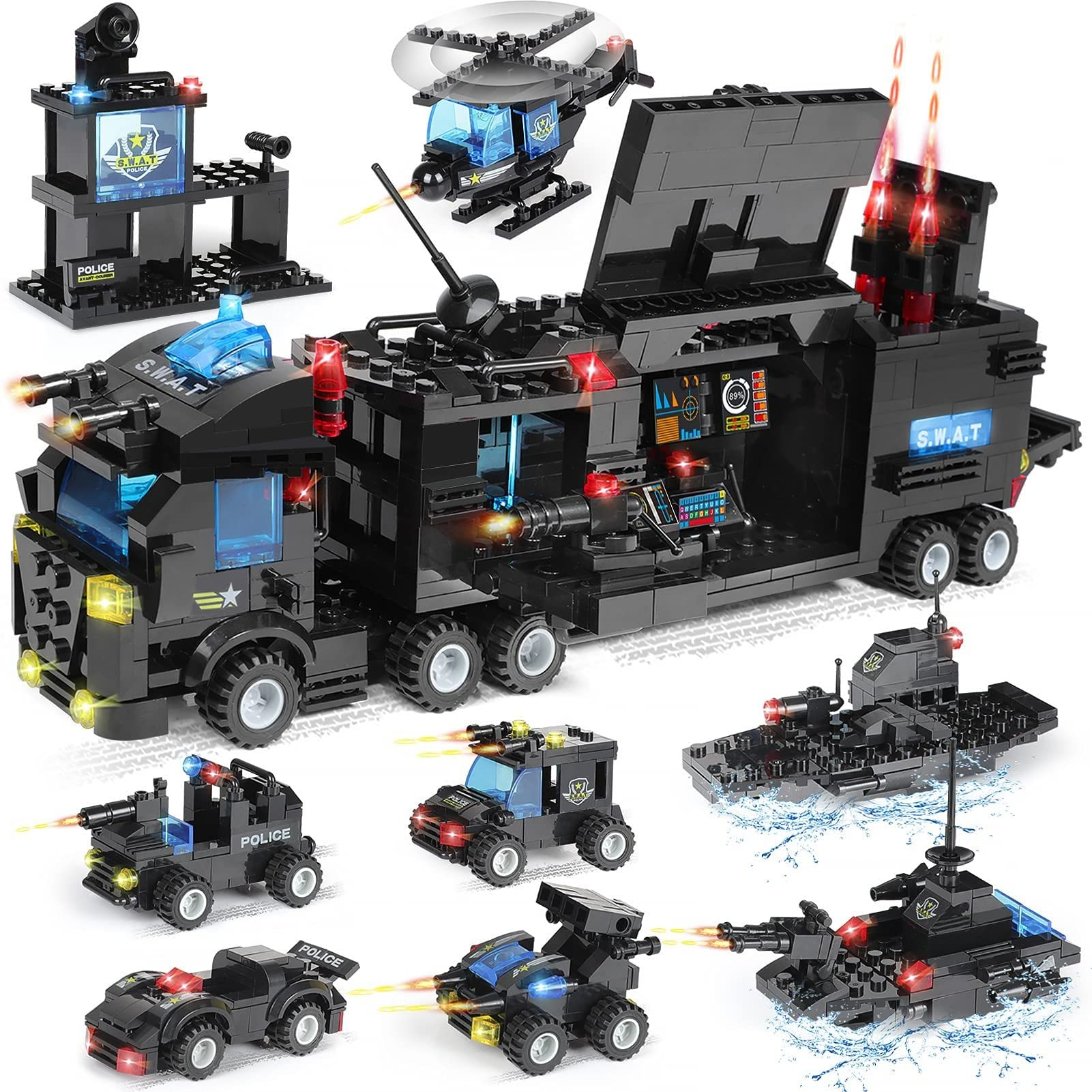 Arabest City Police Station Building Kit, 680pcs 8-in-1 SWAT Mobile Command Center Truck Building Toy with Car, Helicopter, Patrol Boat, Best Learning and Roleplay Stem Toy Gift for Boys and Girls 6+