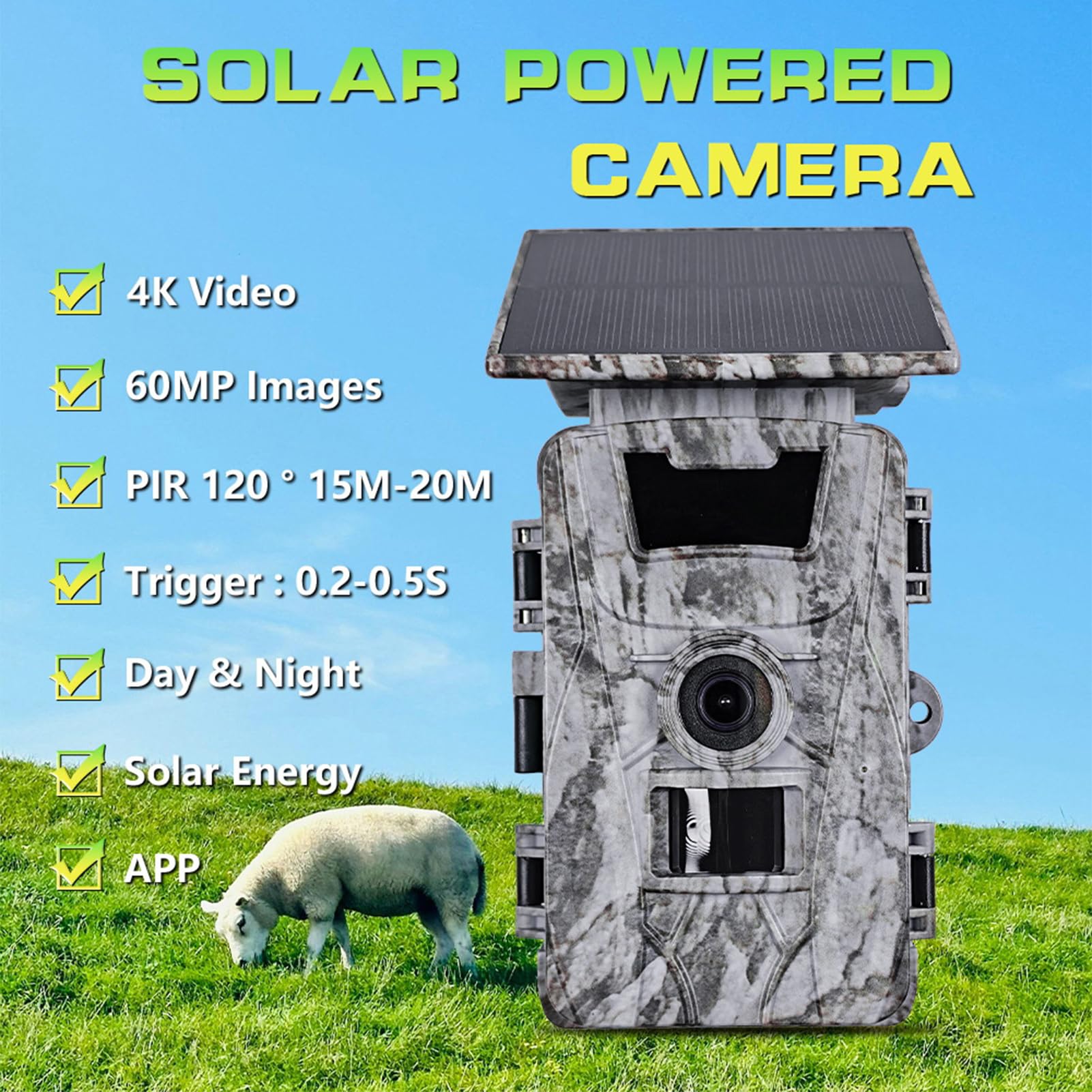 Aoresac Cámara de rastro de 60 MP con batería de 5200 mAh, gran angular de 120, WiFi, visión nocturna IP66 para monitoreo de vida silvestre, seguridad al aire con carga solar, carga tipo C