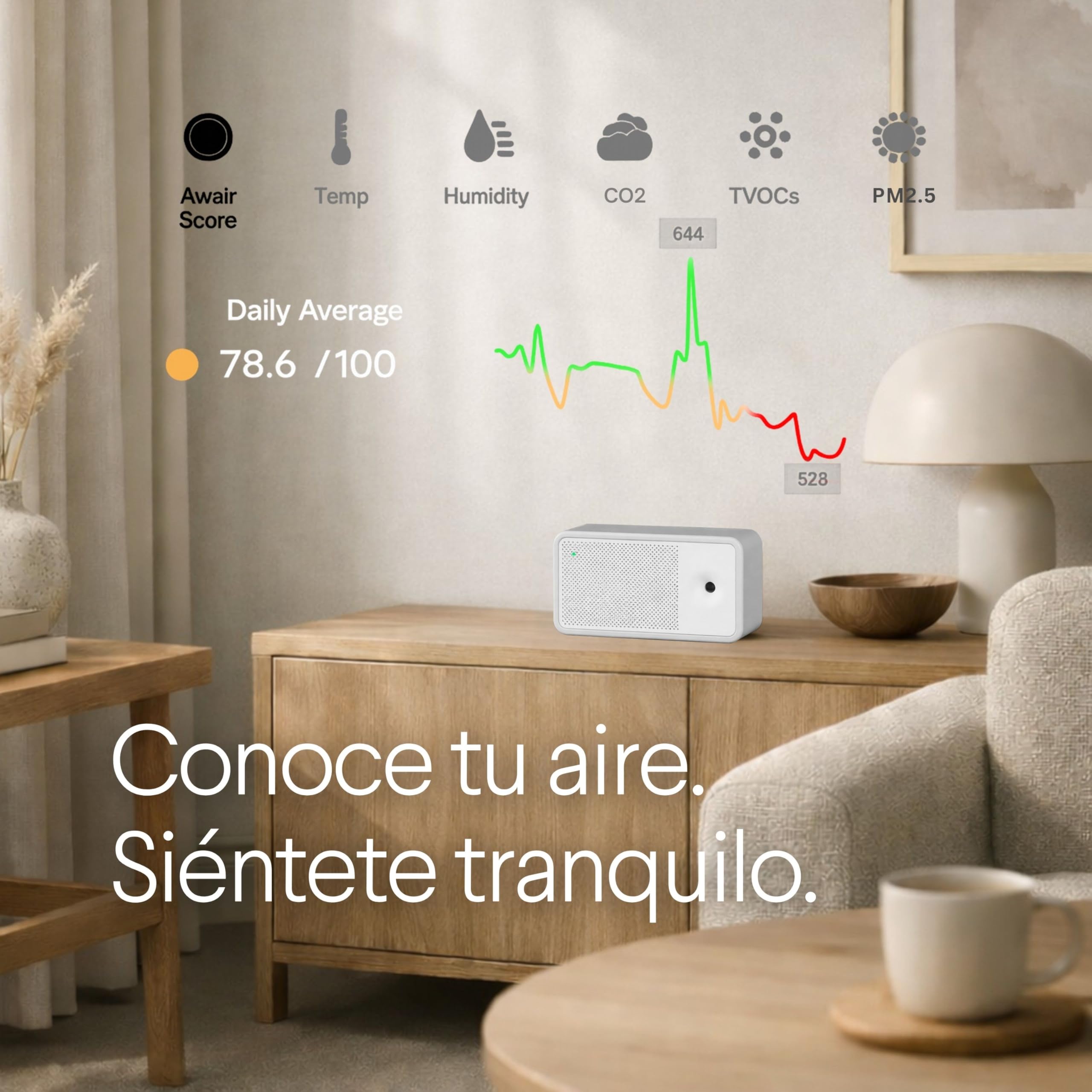 Awair Element Smart Monitor de Calidad del Aire – Sensor Profesional CO2, PM2.5, VOC & Temperatura, Seguimiento de la Contaminación Interior, App iOS & Android, CREA un Ambiente Doméstico Saludable.
