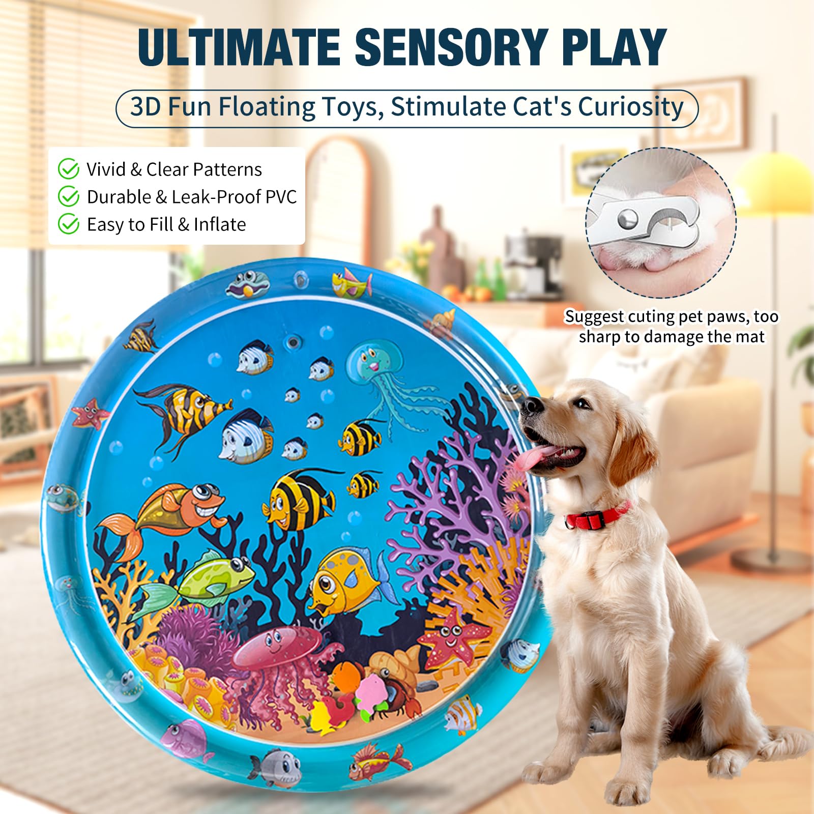 Water Sensory Playmat Cats,Inflatable Cooling Mat for Cats,Sensory Water Playmat Katzen Hund,Verdickte Wasserspielmatte Katze,Sommerliche Verdickte Spielwasser-Sensormatte Für Kleine Hunde Und Katzen