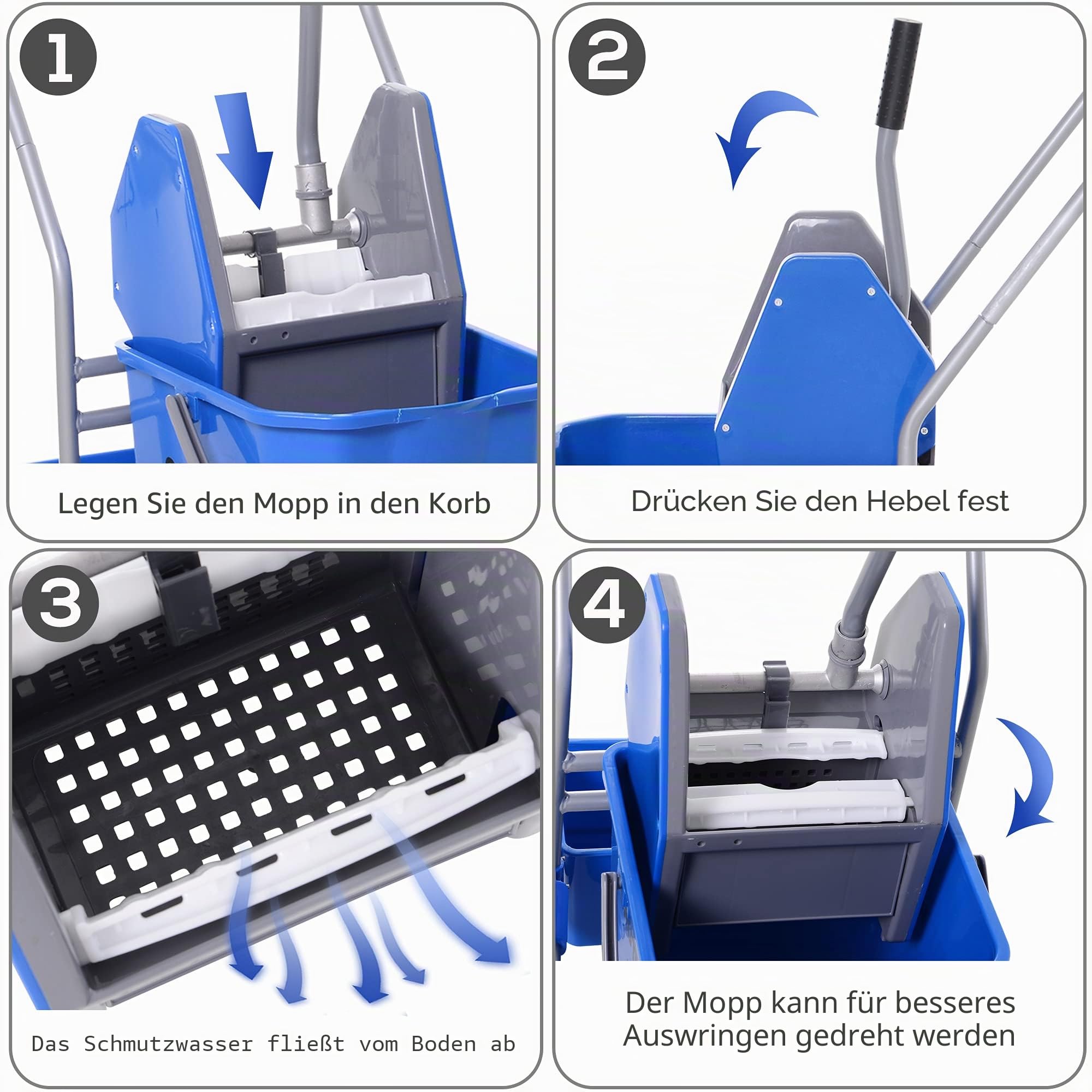 HOMCOM Putzwagen Reinigungswagen Fahreimer Putzeimer 25 Liter Wischwagen mit Wringer, Haken für Mopp Haushaltswagen mit 4 Rollen Blau