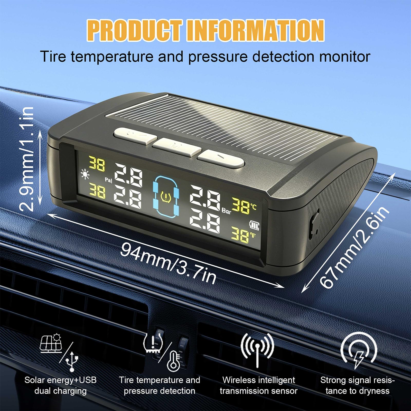 BORDEAG TPMS Reifendruckkontrollsystem, 94 * 67 * 29mm Reifendruckkontrollsystem TPMS, TPMS Reifendrucksensor, Reifendrucküberwachungssystem für PKW SUV Van, Vierfach-Druckanzeige, Solar USB