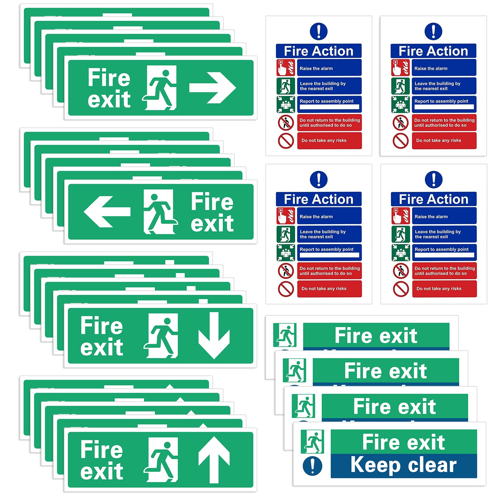 28Pcs Safety Signs - 20Pcs Fire Exit, 4Pcs Action Notice, 4Pcs Keep Clear - Weatherproof Self Adhesive With Clear Directional Arrows
