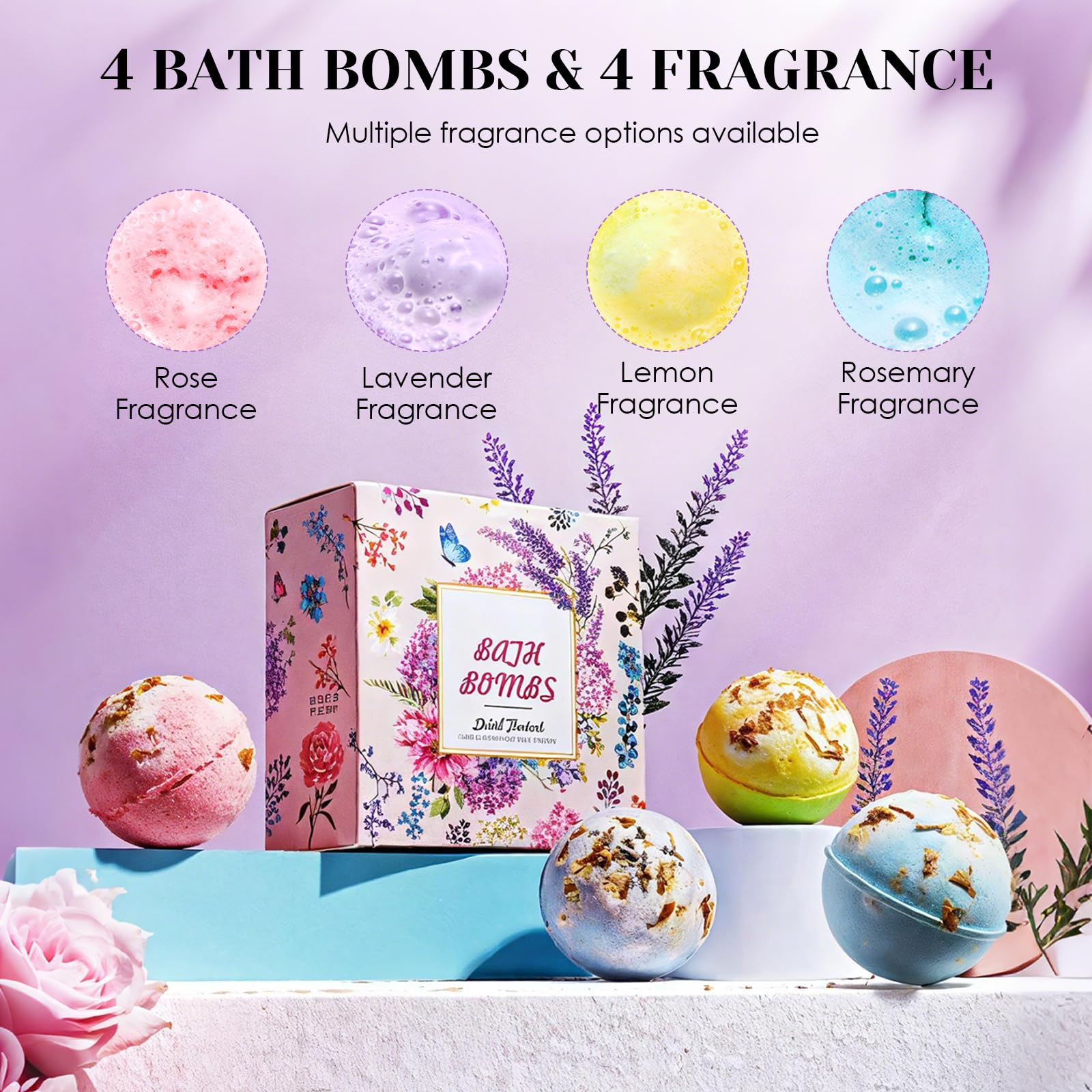 Lot de 4 Coffret Boules de Bain, Bombe de Bain Moussante Naturelle,Coffret Boule de Bains Idéal pour Anniversaire, Saint Valentin, Fête des Mères, Cadeau Relaxant,100gx4pcs