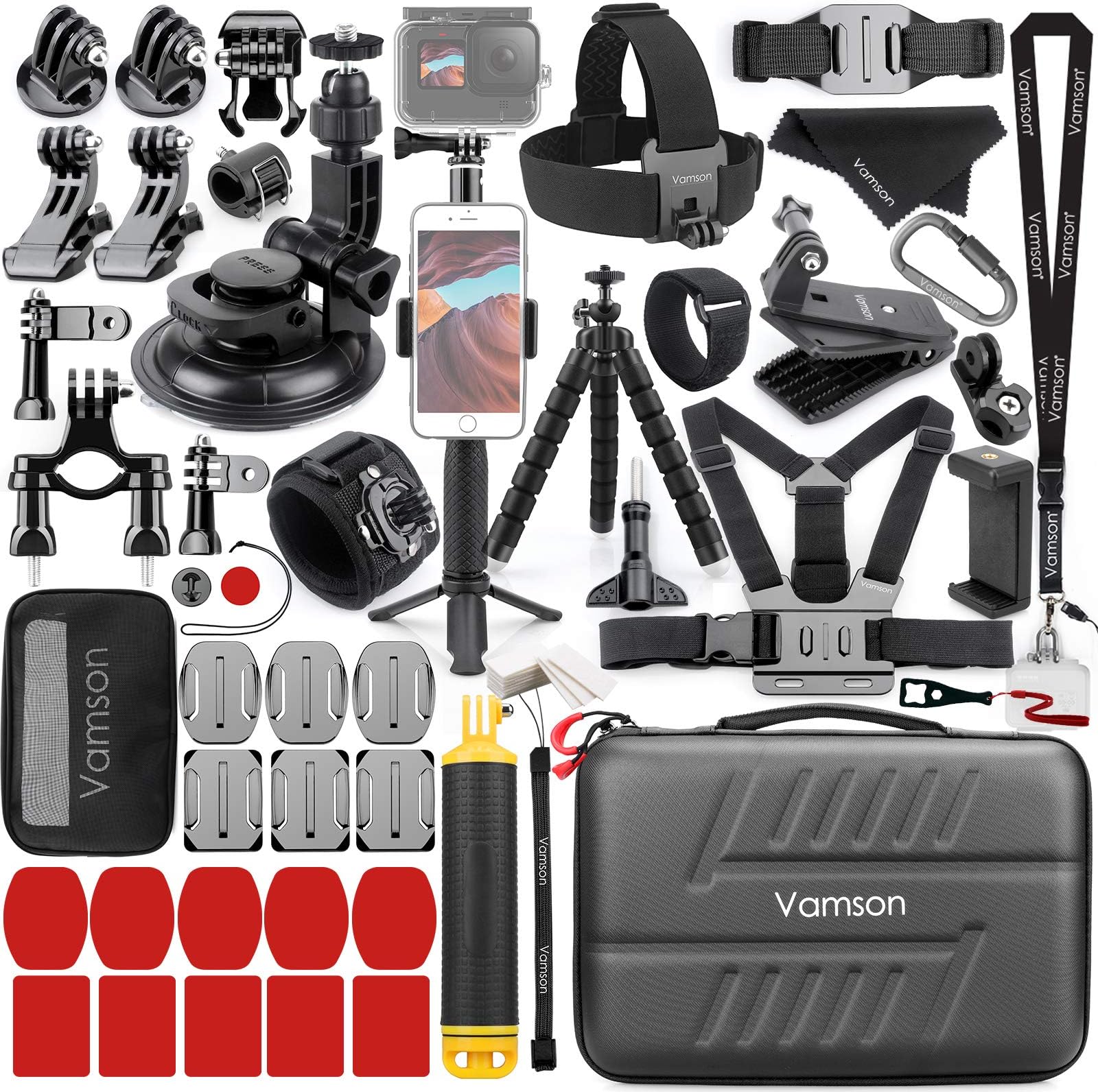 Vamson63-in-1 Accessories Kit for GoPro Hero 13 12 11 10 9 8 7 6 5 Black 4 3 MAX Mount Tripod for DJI OSMO Action Camera,Insta360,Xiaomi Yi 4K,AKASO,Campark,Apeman,SJCAM,DBPOWER AVS08