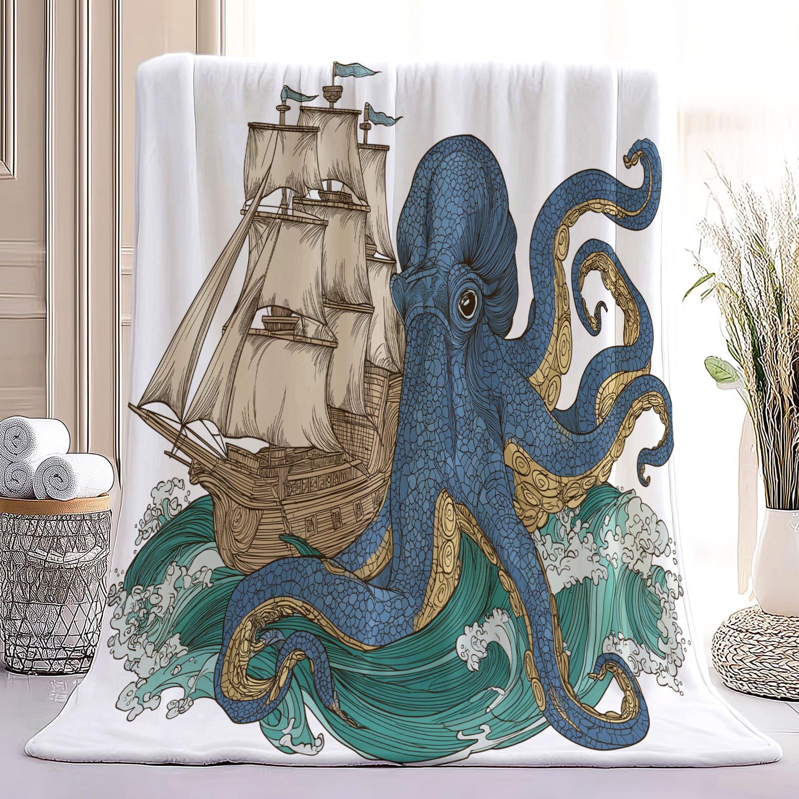 Coperta sherpa retrò costiera con stampa a onde di polpo a vela reversibile e morbida coperta in pile accogliente, 180 x 200 cm, per biancheria da letto, divano, letto, decorazione per la casa, blu